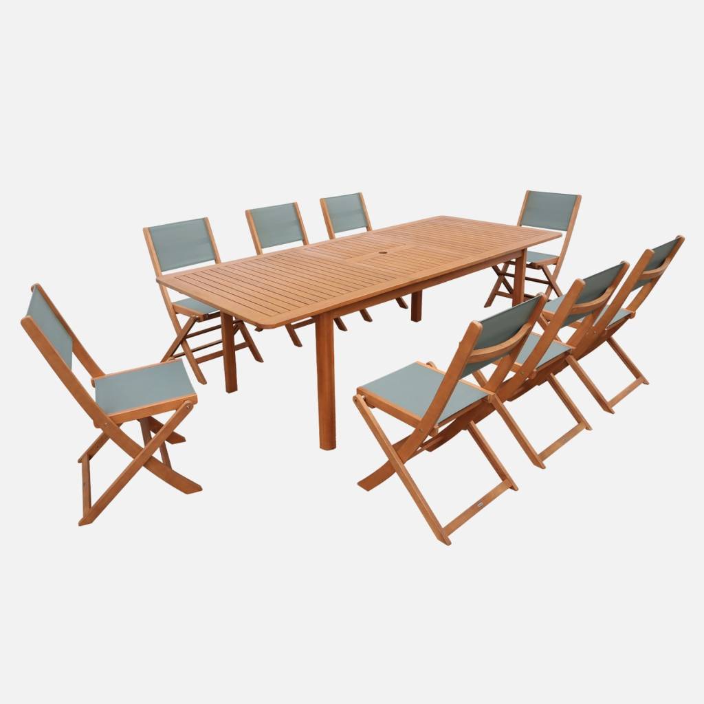 Table de jardin extensible eucalyptus + 8 assises kaki