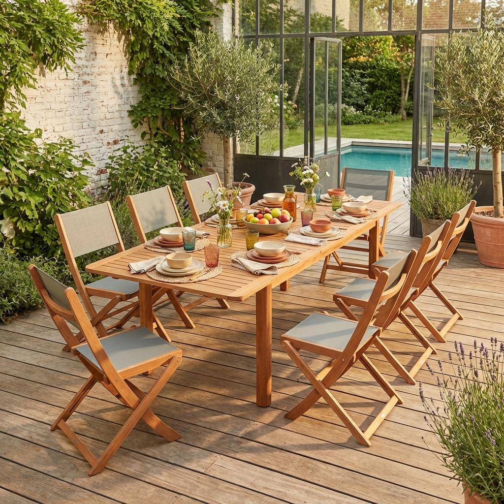 Rozkładany stół ogrodowy z drewna eukaliptusowego + 8 siedzisk 180/240cm khaki - Arbo + Almeria Photo1