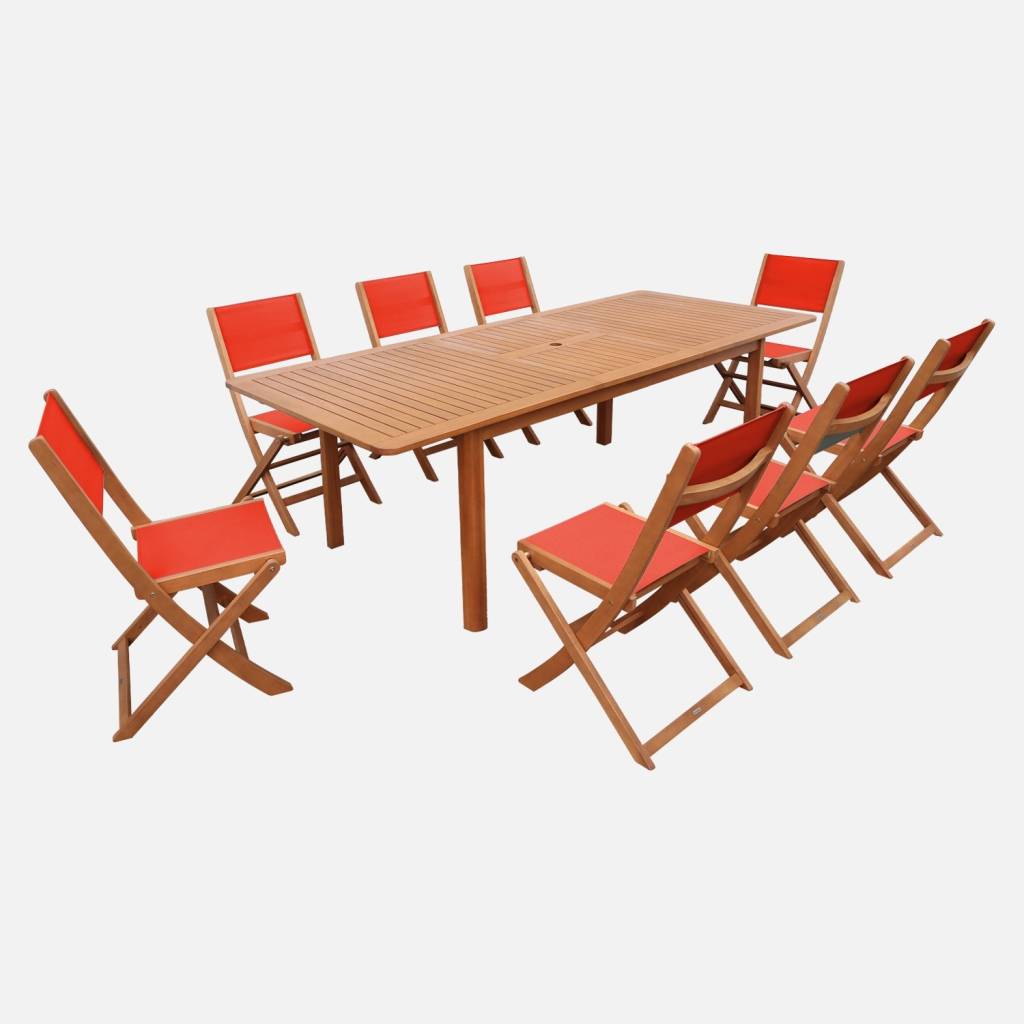 Table de jardin extensible eucalyptus + 8 assises terracotta