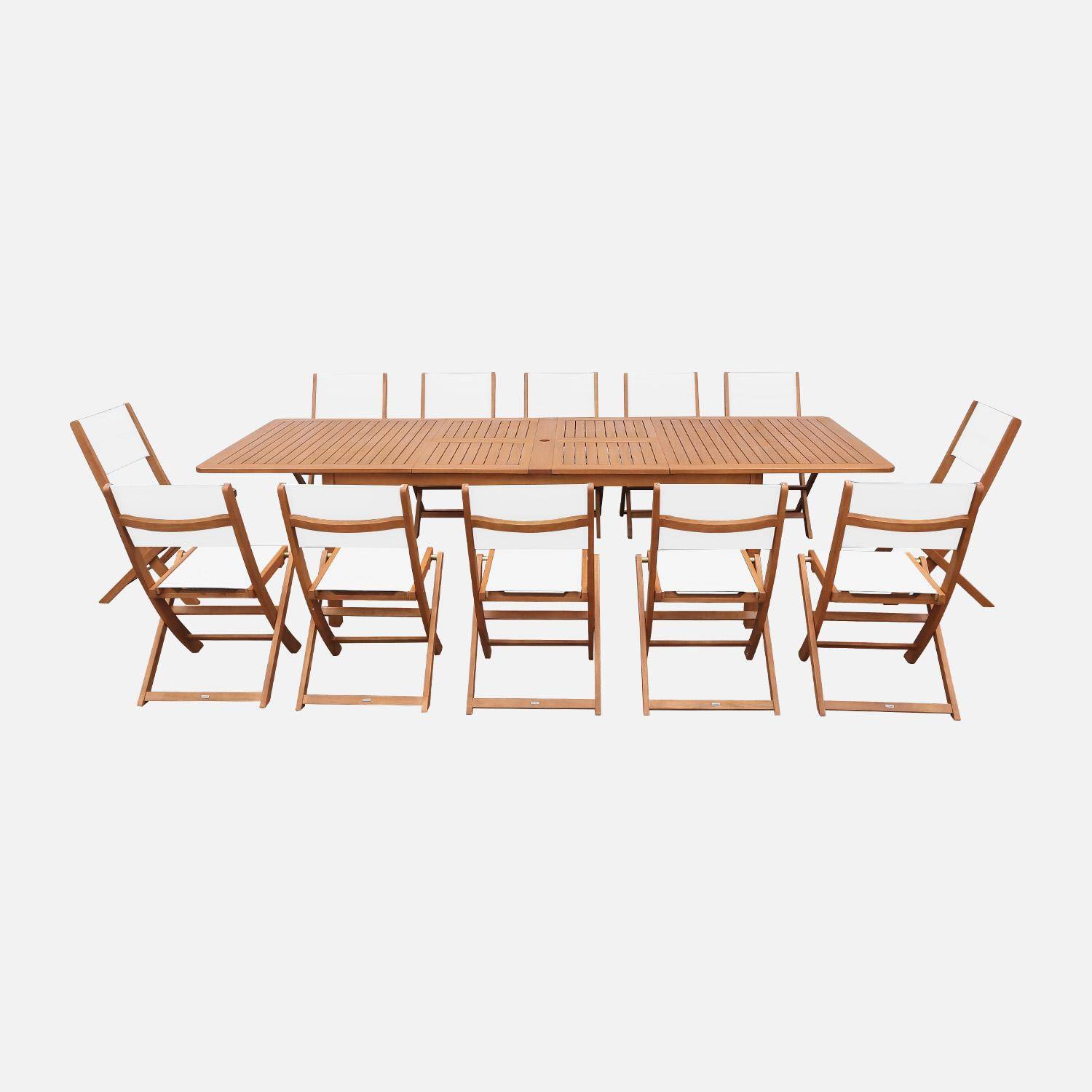 Table de jardin extensible bois d'eucalyptus + 12 assises 200/250/300cm blanc - Arbo + Almeria,sweeek,Photo2
