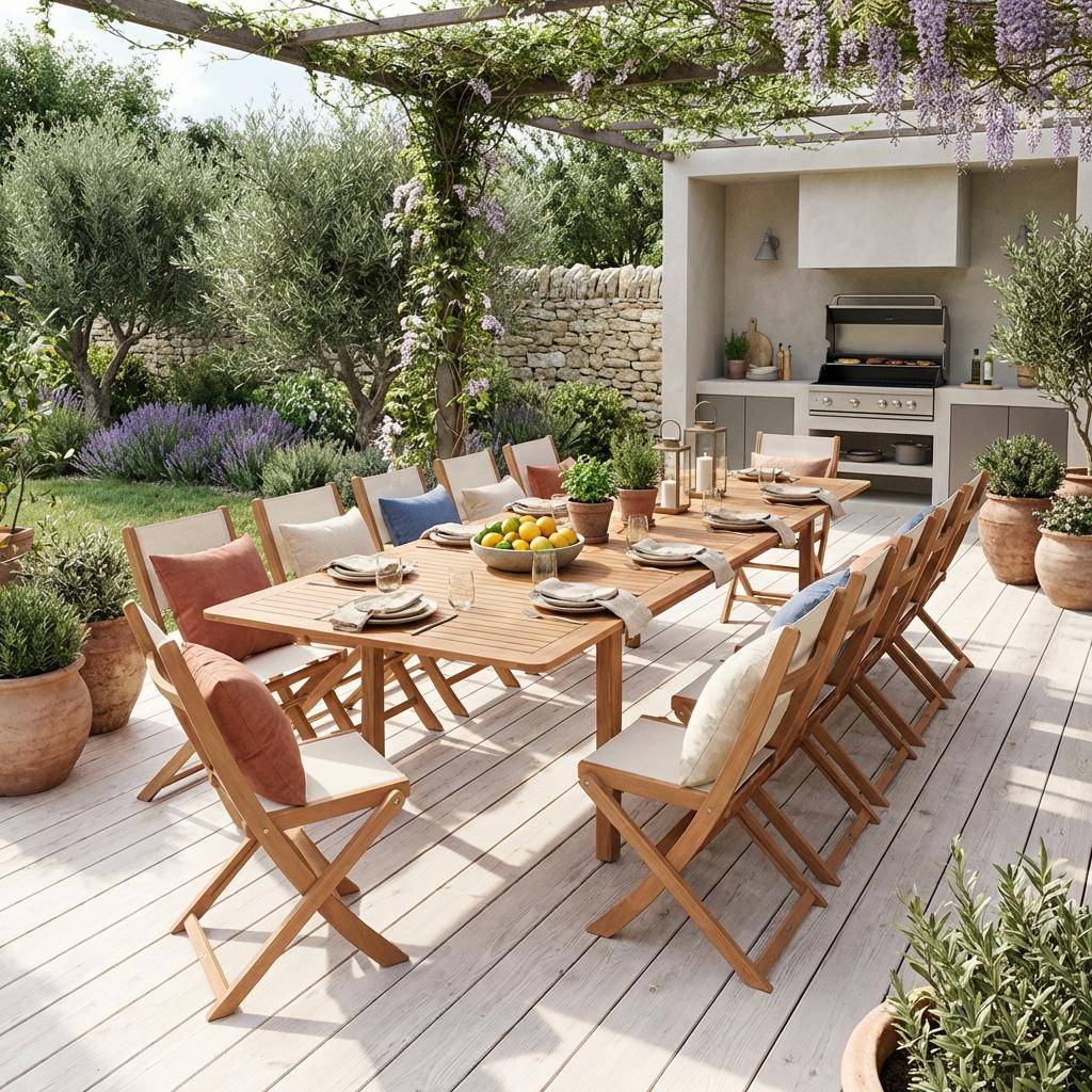 Extendable eucalyptus wood garden table 200/250/300cm + 12 chairs natural/white - Arbo + Almeria Photo1
