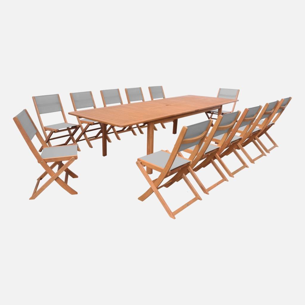 Table de jardin extensible eucalyptus + 12 assises gris