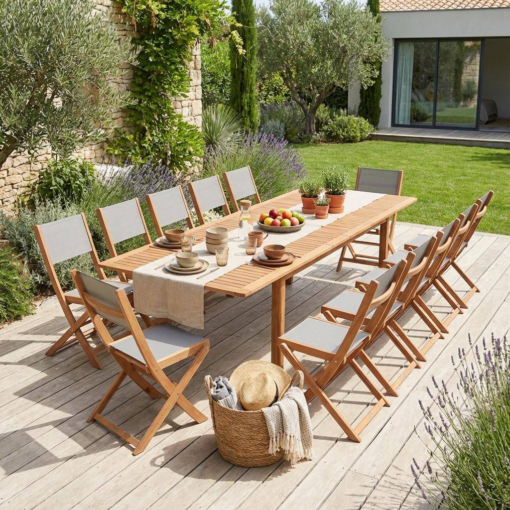 Mesa de jardim extensível em madeira de eucalipto com 12 cadeiras Natural - 300x110x75 cm Photo1