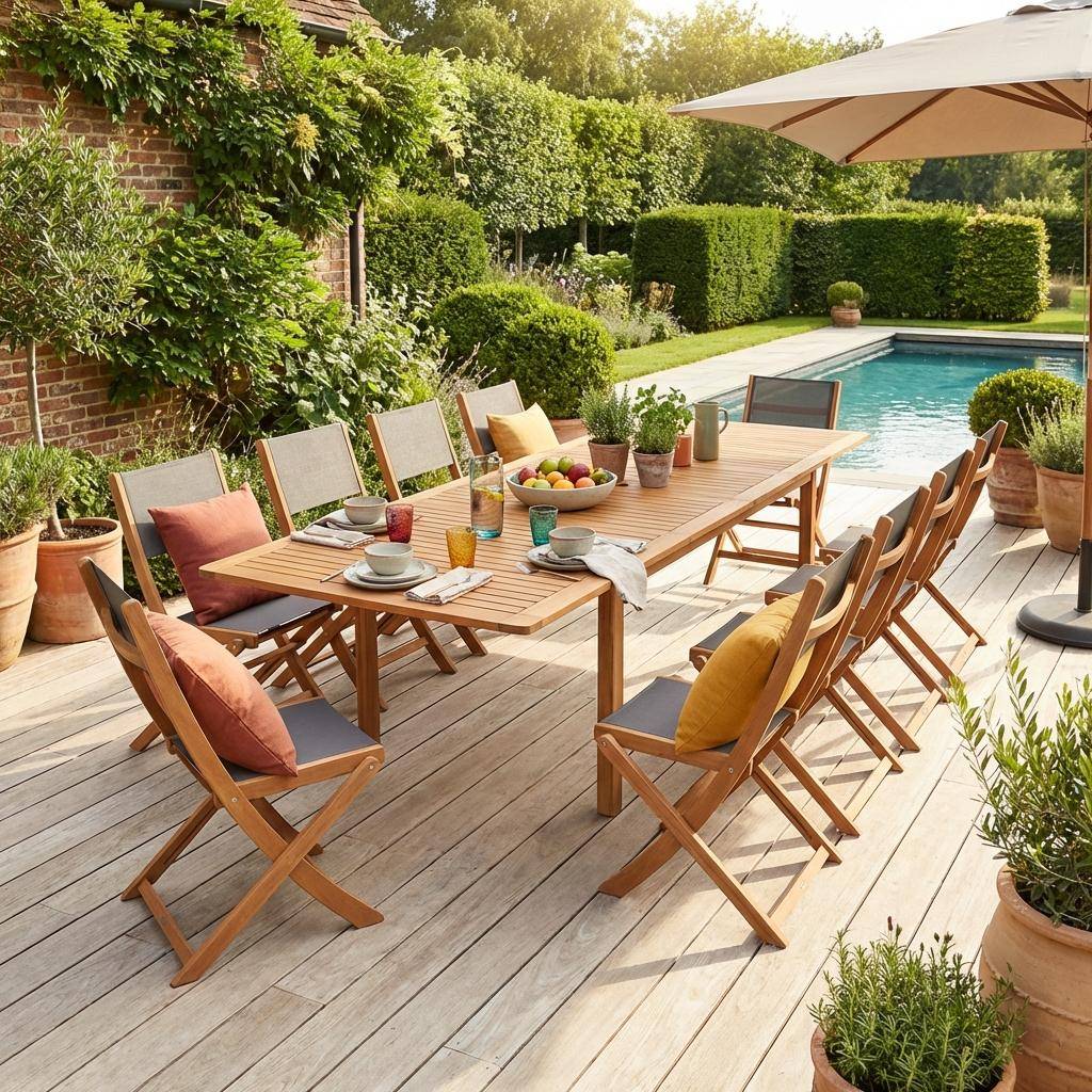 Extendable eucalyptus wood garden table 200/250/300cm + 12 chairs natural/anthracite - Arbo + Almeria Photo1