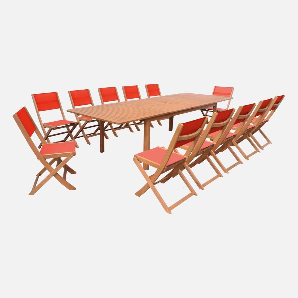 Table de jardin extensible eucalyptus + 12 assises terracotta