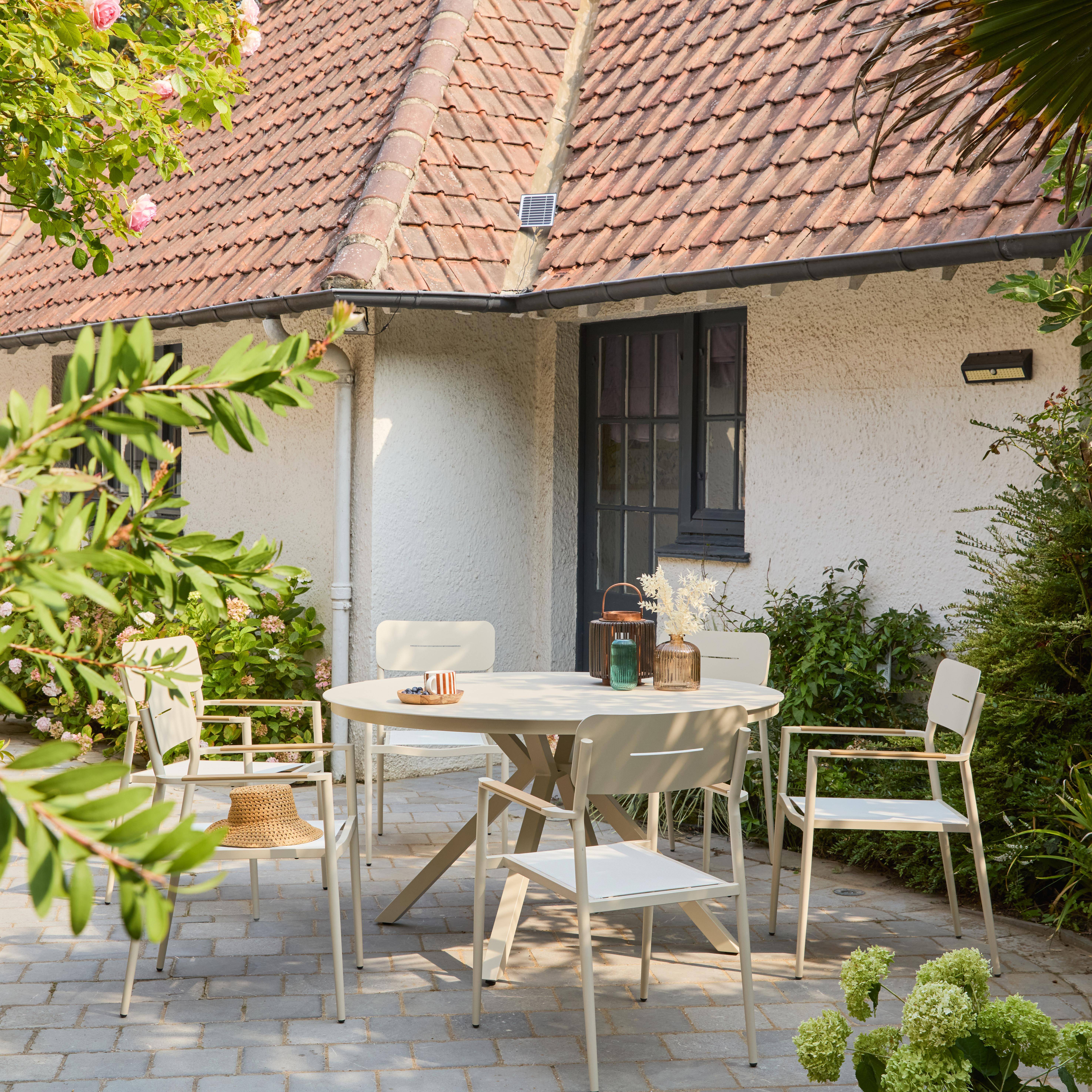 Runder Gartentisch Ø140cm aus Aluminium und Glas + 6 Sessel beige - Orbis / Fira Photo1