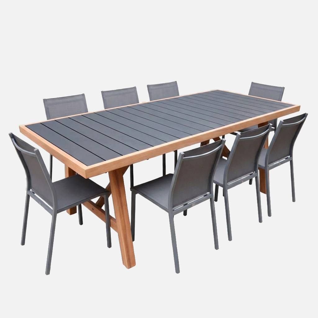 Table de jardin bois et aluminium + 8 assises anthracite