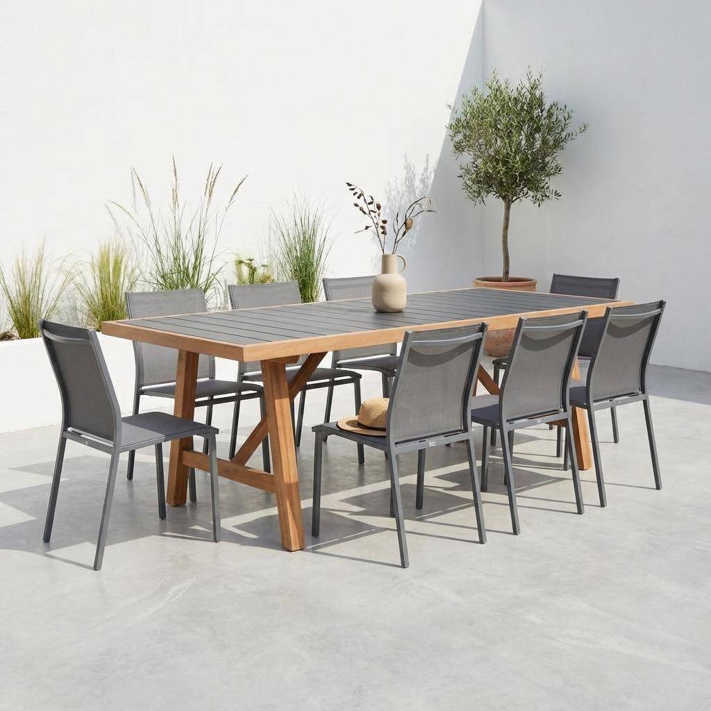 Mesa de jardim em madeira de seringueira e alumínio com 8 cadeiras Antracite - 200x90x75 cm,sweeek,Photo1