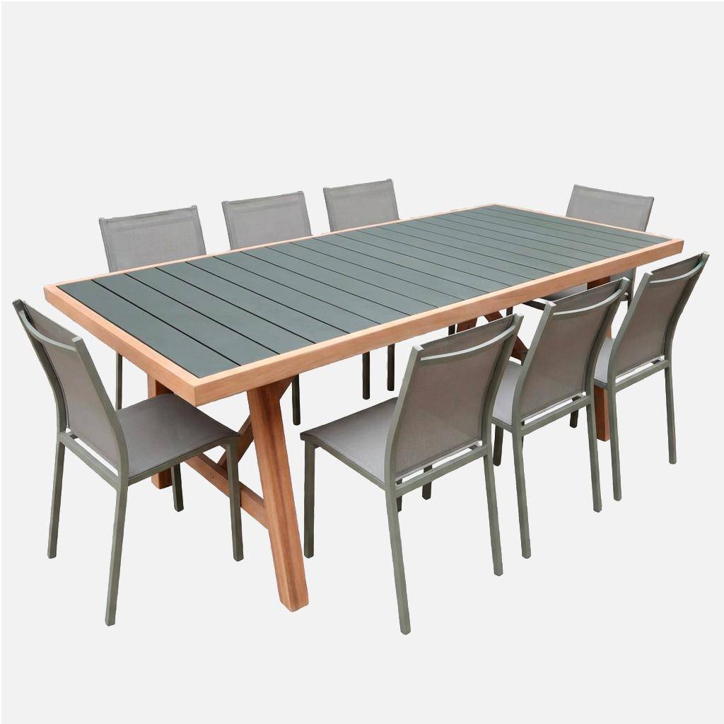 Mesa de jardim em madeira de seringueira e alumínio com 8 cadeiras Verde caqui - 200x90x75 cm,sweeek,Photo2