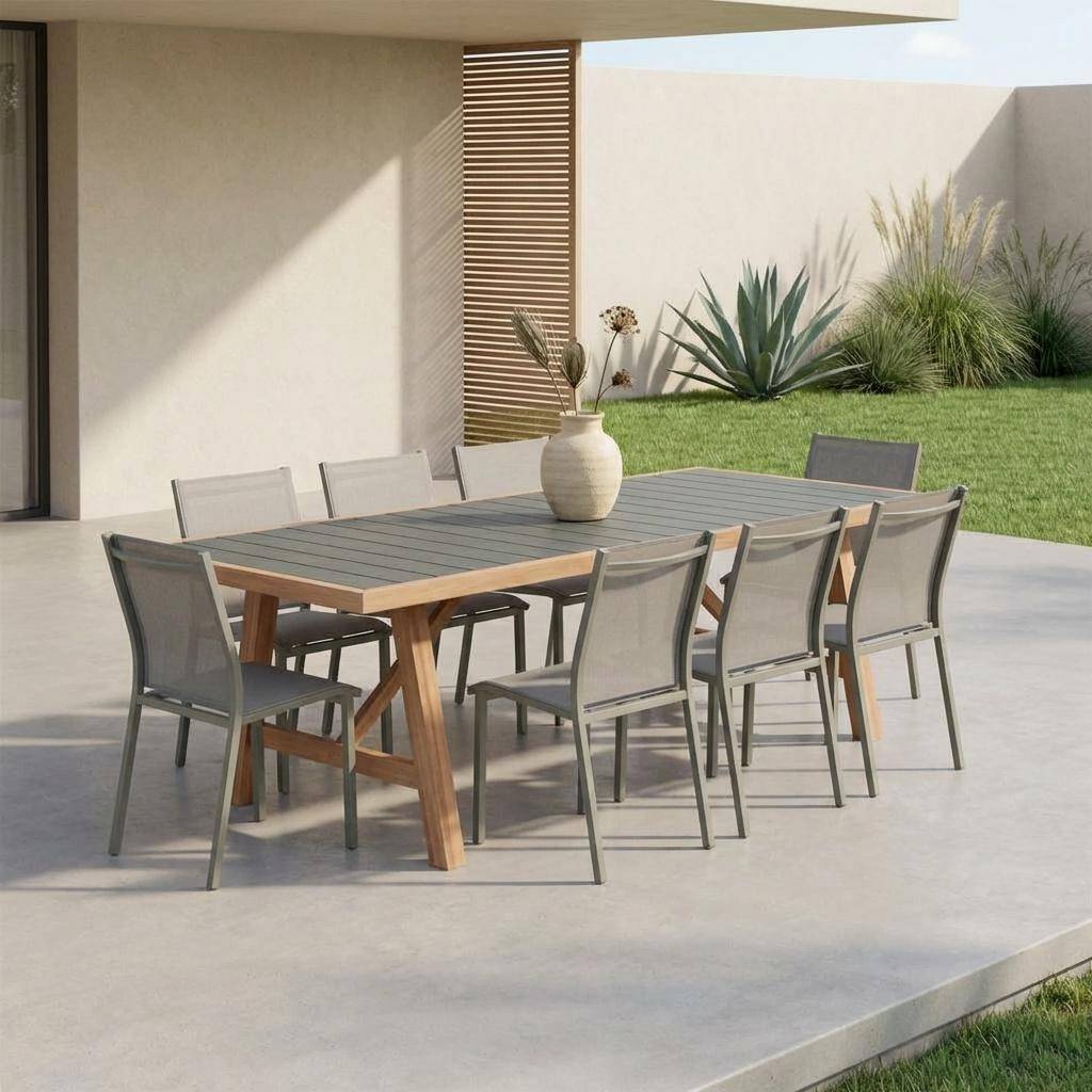 Mesa de jardim em madeira de seringueira e alumínio com 8 cadeiras Verde caqui - 200x90x75 cm,sweeek,Photo1