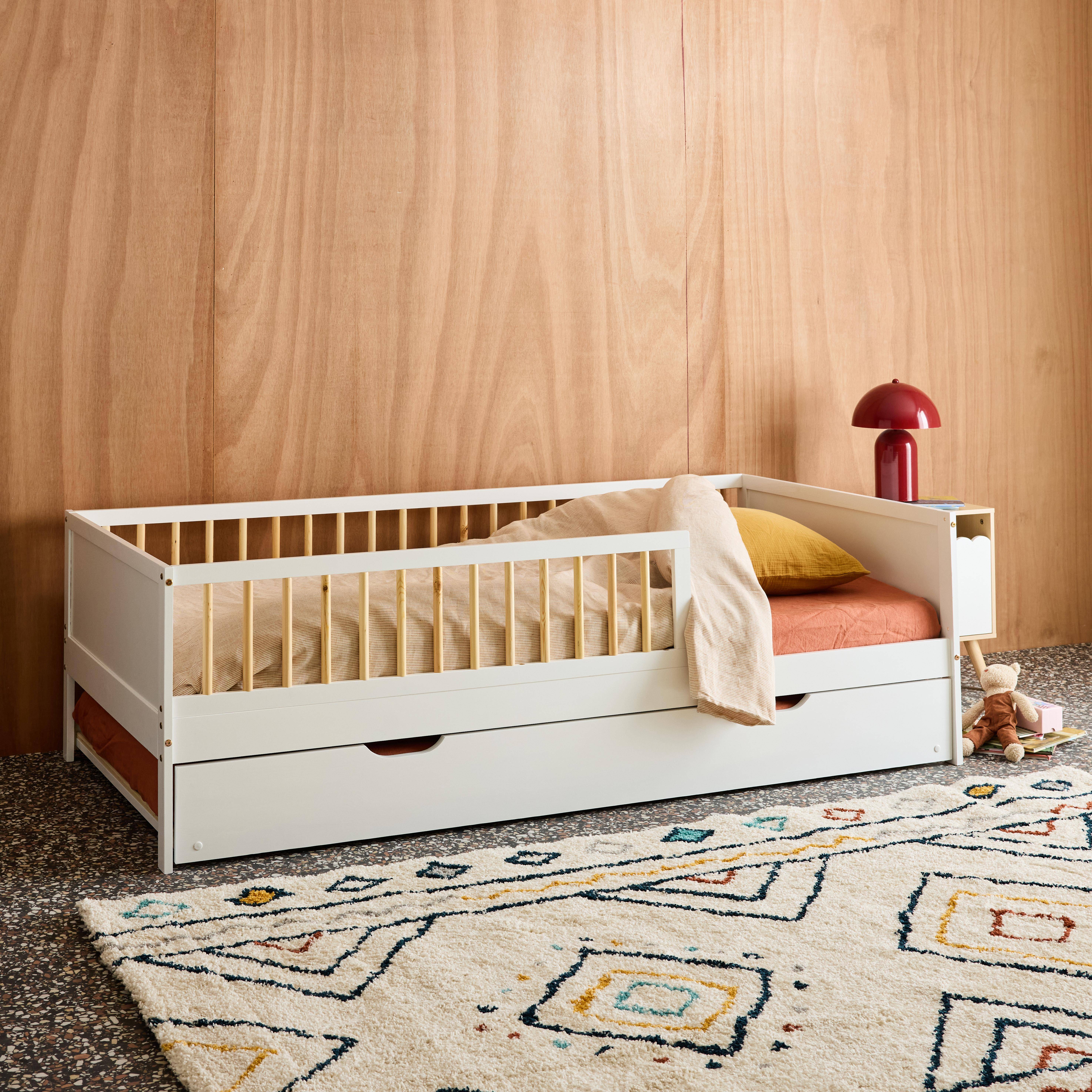 Lit gigogne enfant 90 x 190 cm pin naturel  avec sommier à lattes et tiroir blanc - Elio,sweeek,Photo4