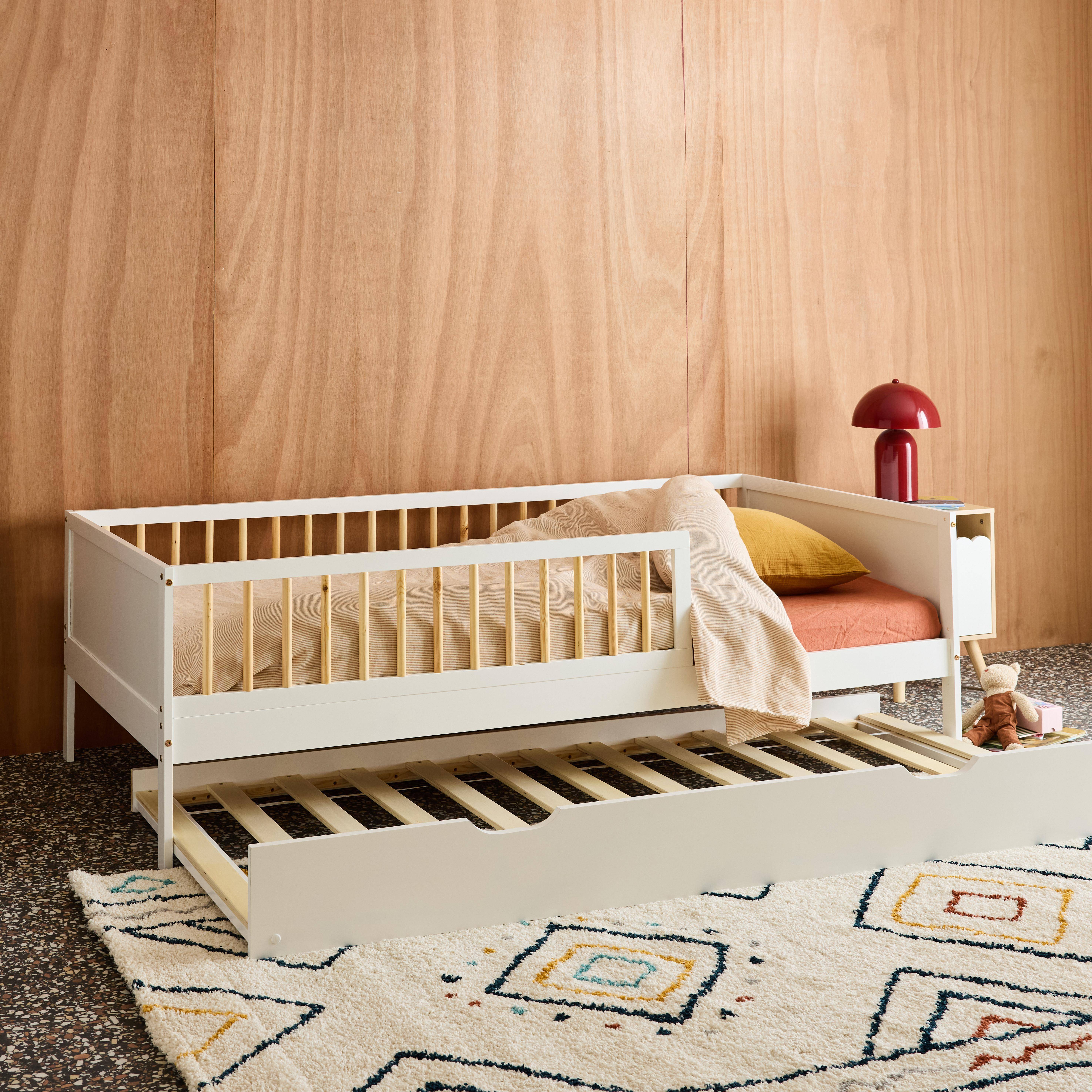 Lit gigogne enfant 90 x 190 cm pin naturel  avec sommier à lattes et tiroir blanc - Elio,sweeek,Photo2