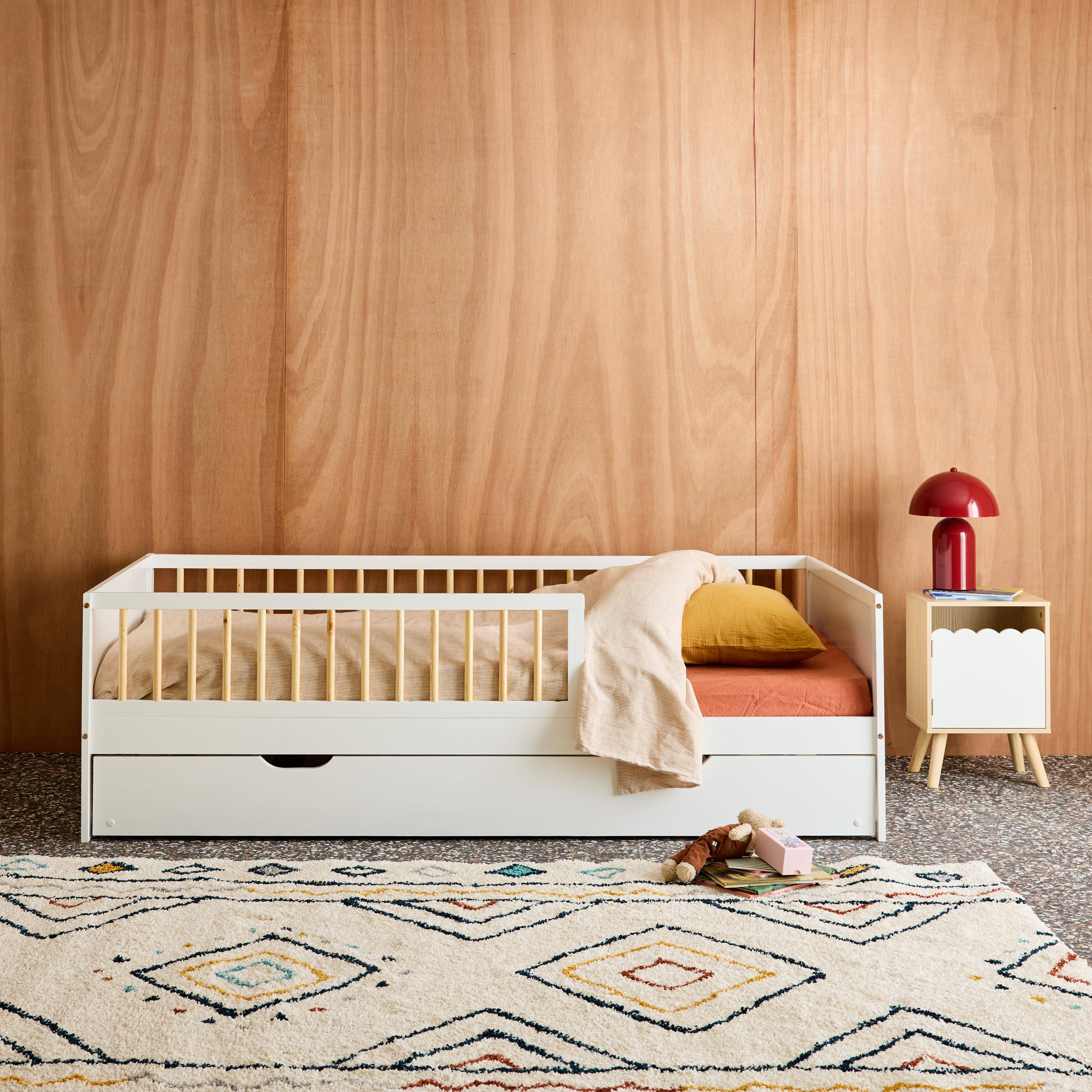 Lit gigogne enfant 90 x 190 cm pin naturel  avec sommier à lattes et tiroir blanc - Elio Photo1