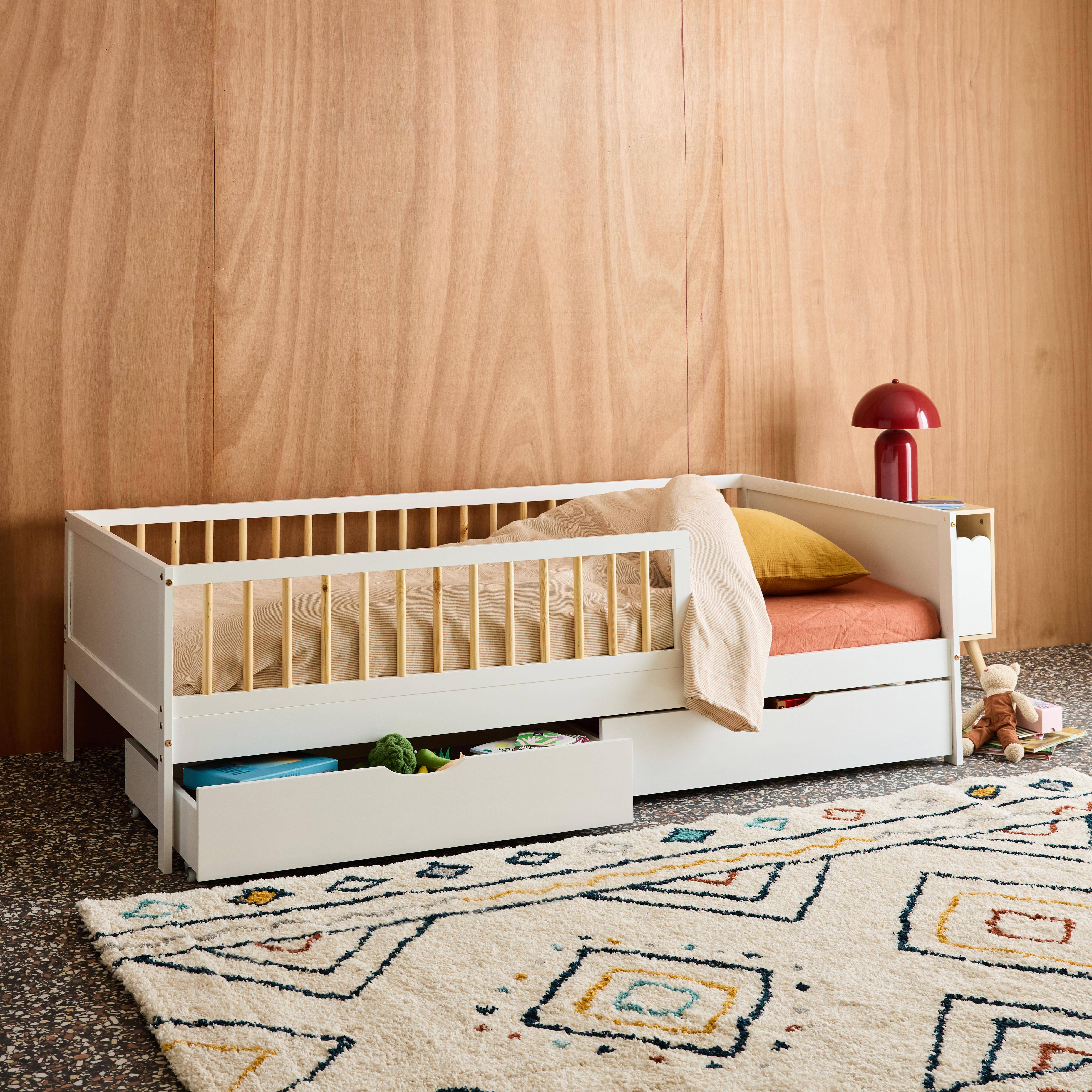 Łóżko dziecięce 90 x 190 cm z naturalnego drewna sosnowego z listwowym stelażem i szufladami, białe - Elio Photo2