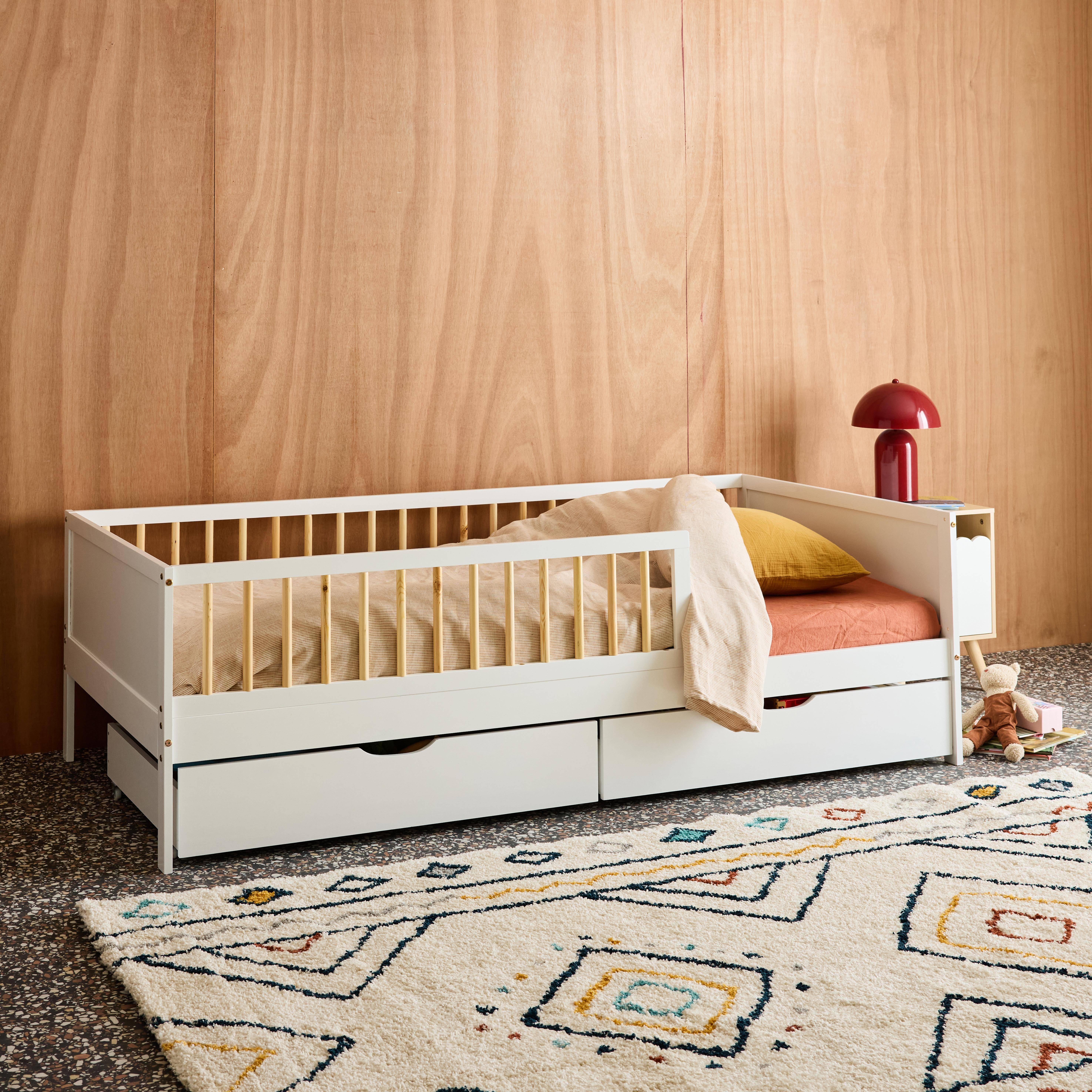 Łóżko dziecięce 90 x 190 cm z naturalnego drewna sosnowego z listwowym stelażem i szufladami, białe - Elio,sweeek,Photo3