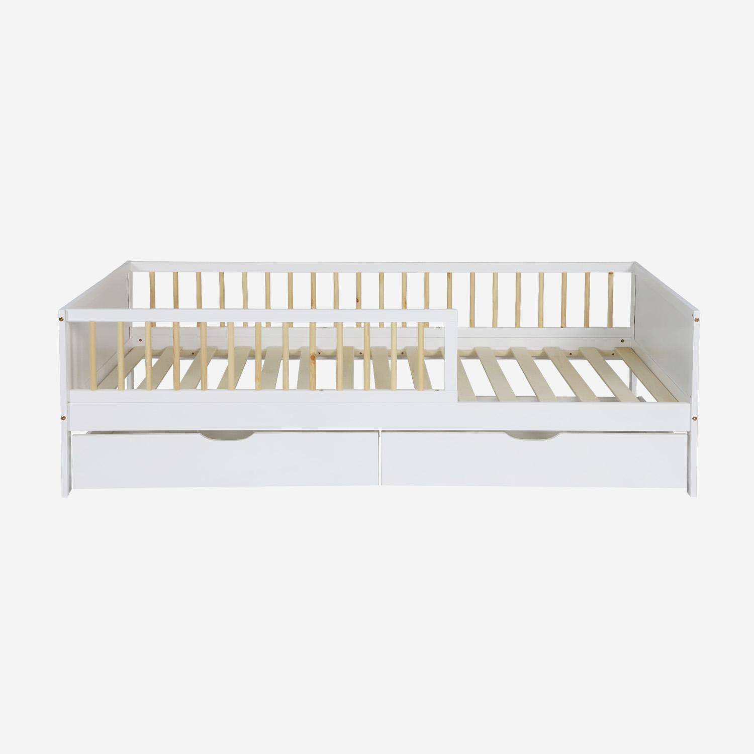 Lit enfant 90 x 190 cm pin naturel avec sommier et tiroirs blanc - Elio Photo2