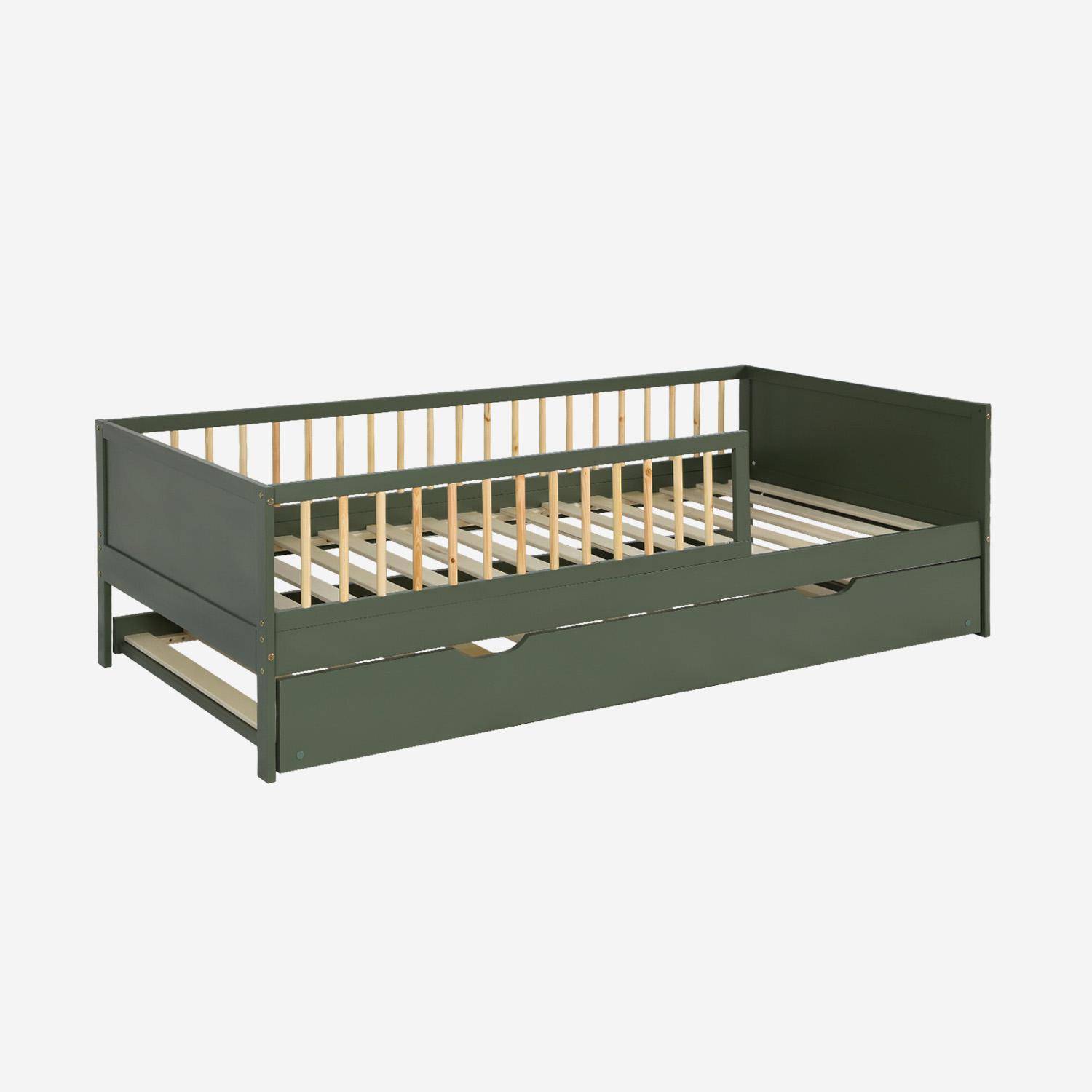 Cama nido infantil 190cm pino natural con somier de láminas y cajón Verde - 195x95.5x60 cm,sweeek,Photo6