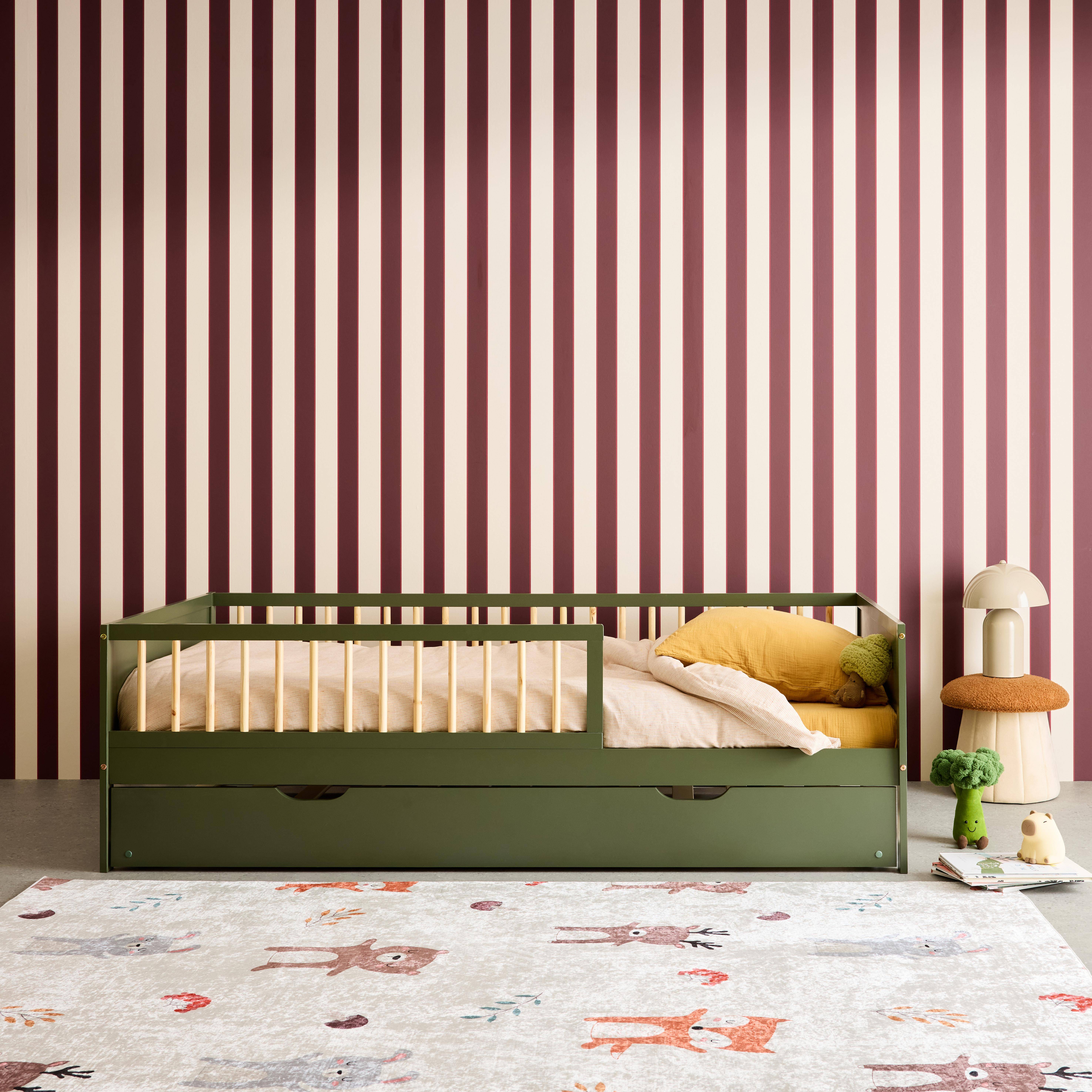 Lit gigogne enfant 90 x 190 cm pin naturel  avec sommier à lattes et tiroir vert - Elio,sweeek,Photo1