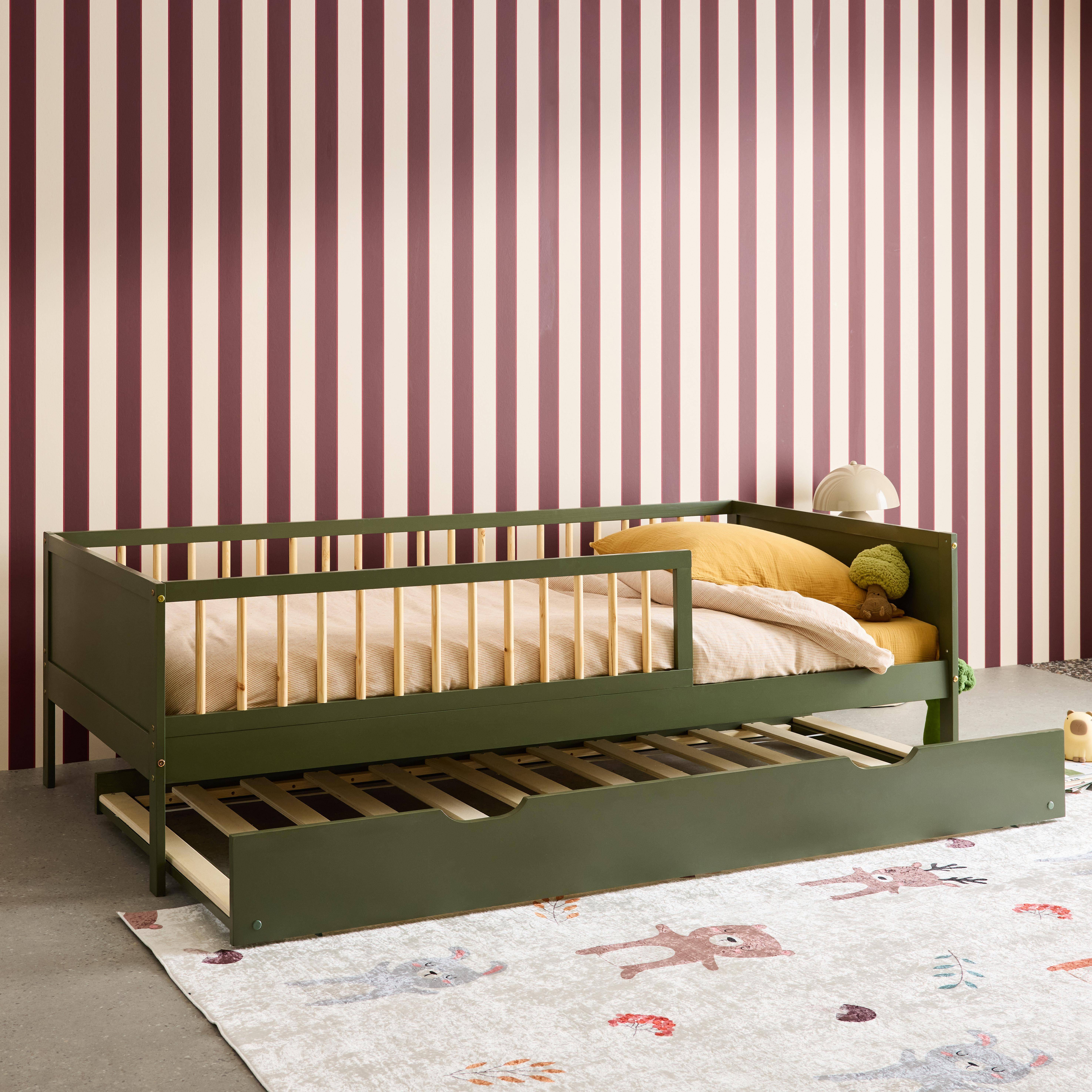 Lit gigogne enfant 90 x 190 cm pin naturel  avec sommier à lattes et tiroir vert - Elio,sweeek,Photo2