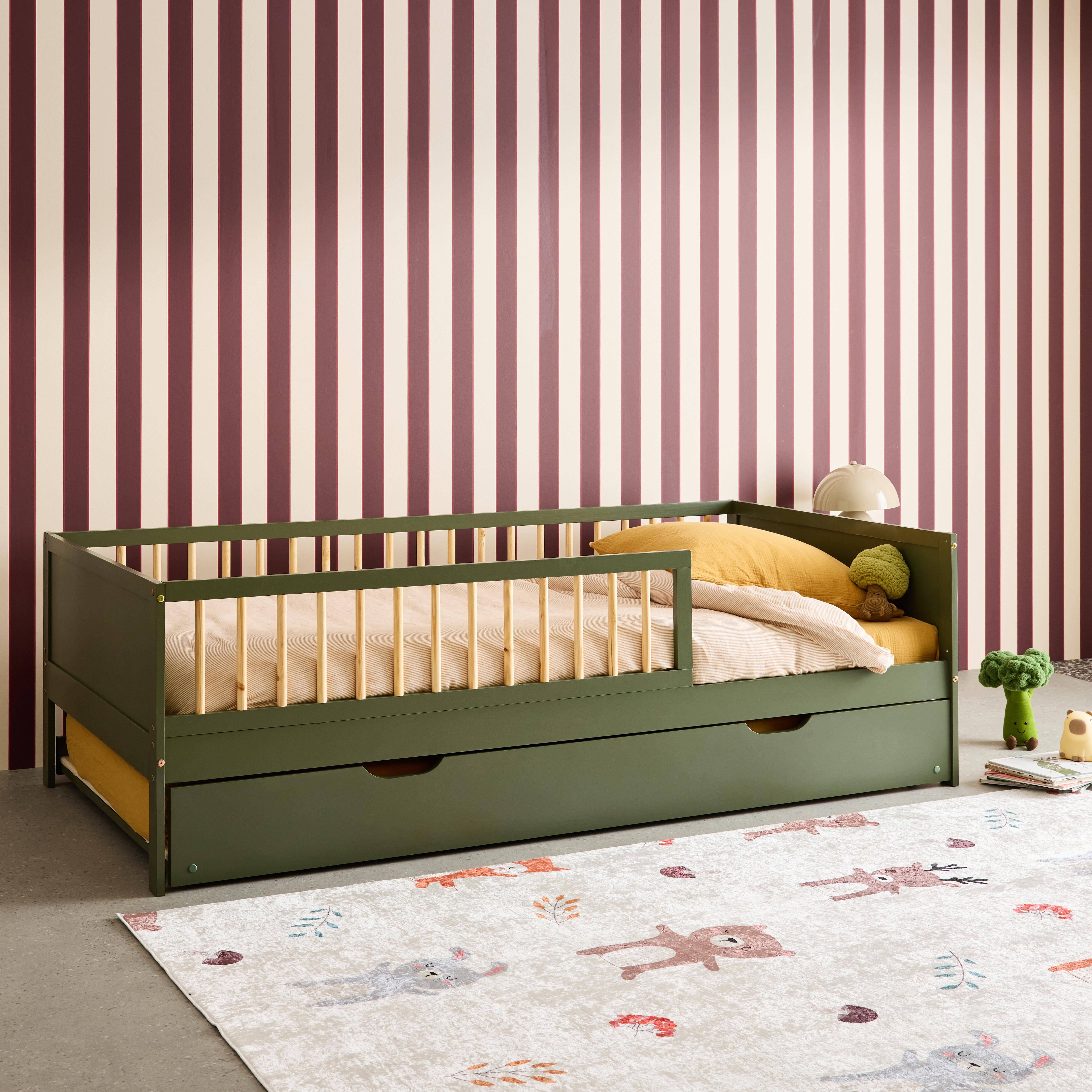 Lit gigogne enfant 90 x 190 cm pin naturel  avec sommier à lattes et tiroir vert - Elio Photo3