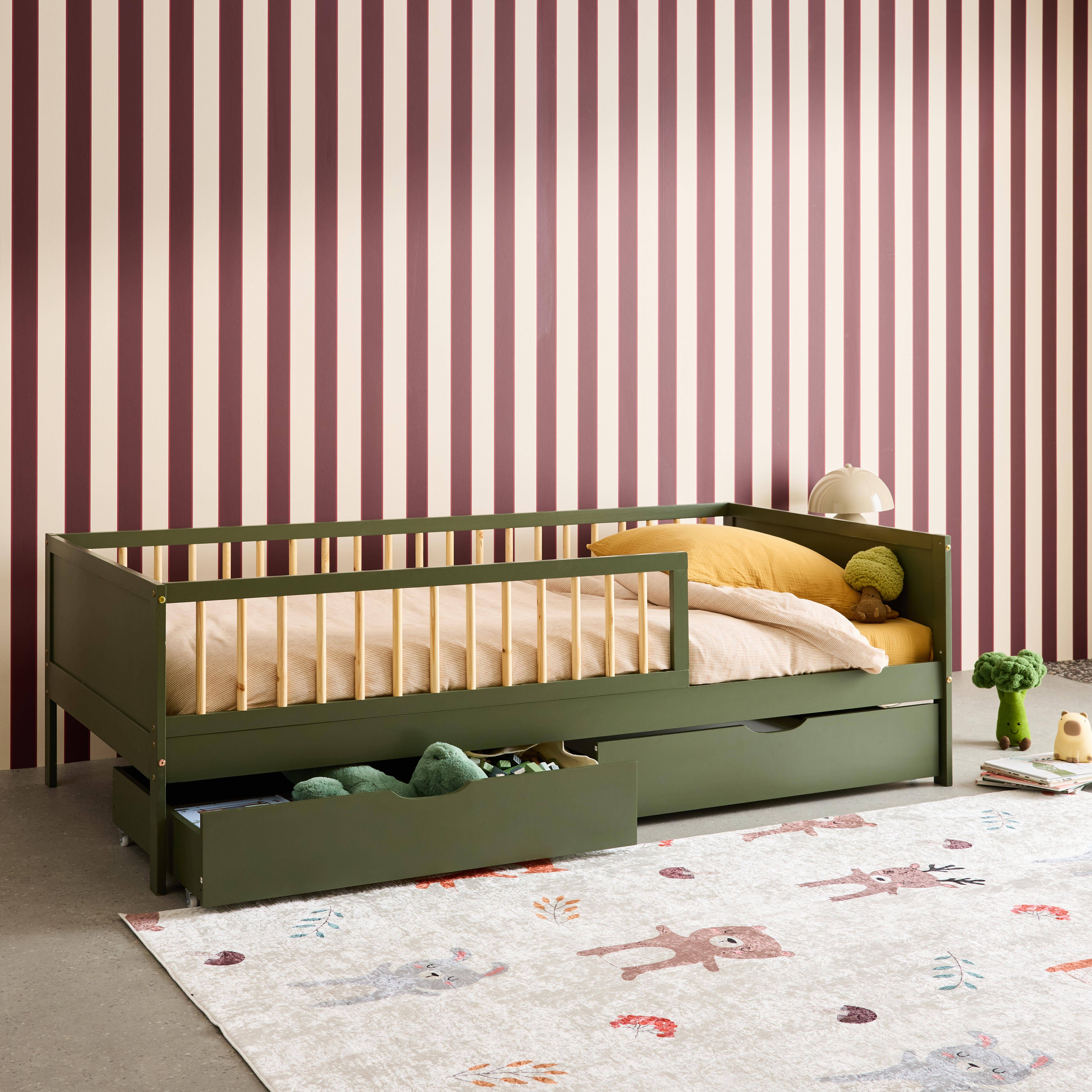 Łóżko dziecięce 90 x 190 cm z naturalnego drewna sosnowego z listwowym stelażem i szufladami, zielone - Elio Photo3