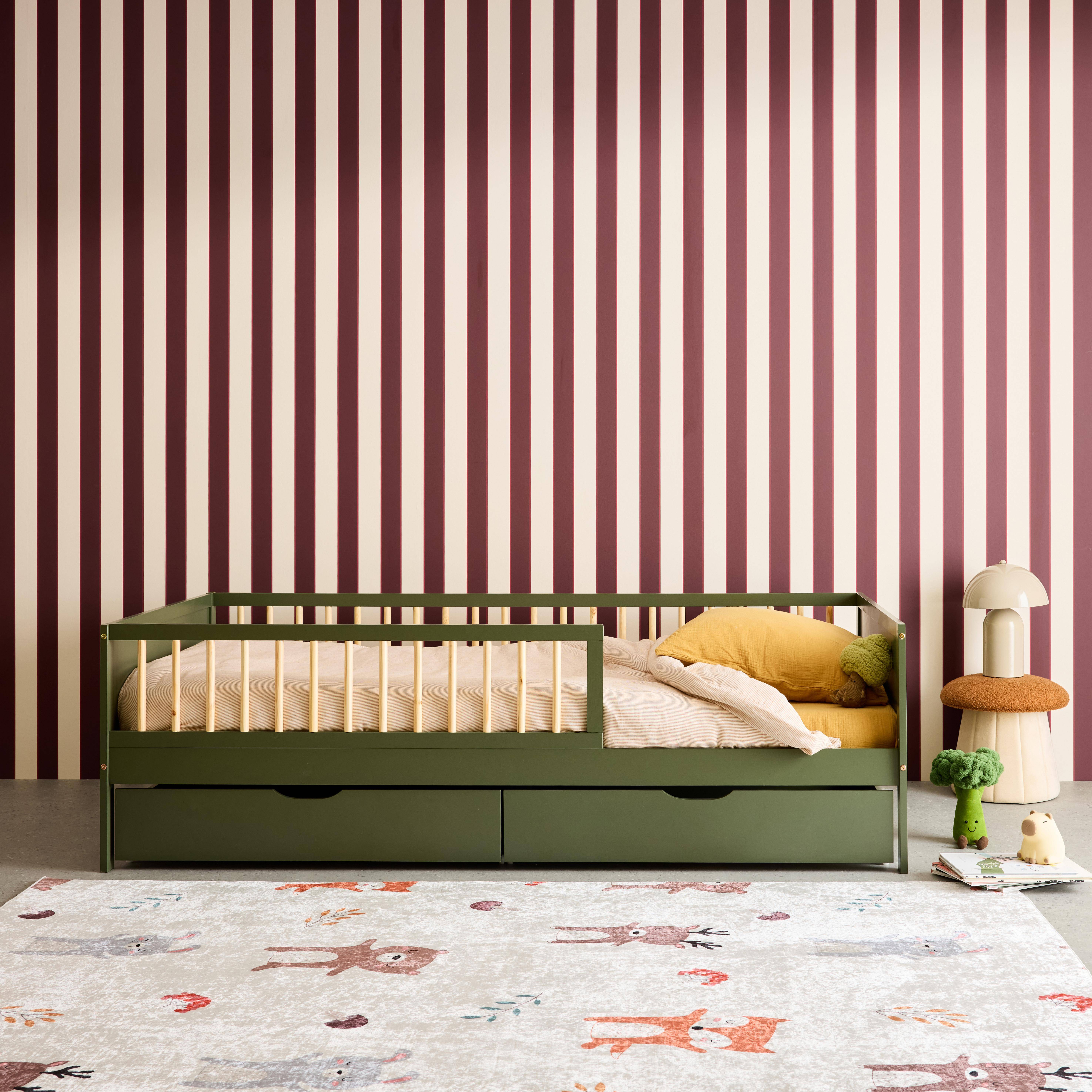 Łóżko dziecięce 90 x 190 cm z naturalnego drewna sosnowego z listwowym stelażem i szufladami, zielone - Elio Photo1