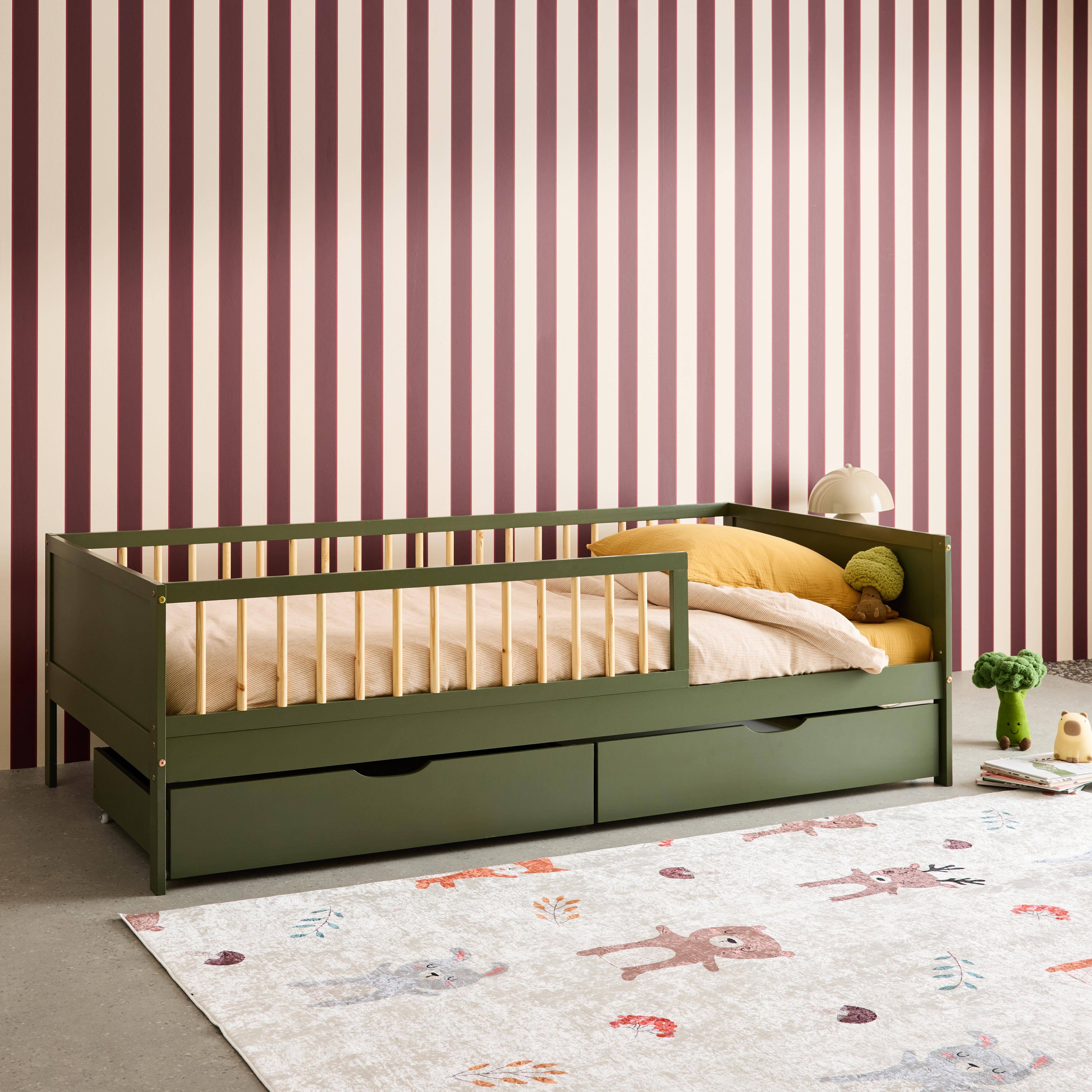Łóżko dziecięce 90 x 190 cm z naturalnego drewna sosnowego z listwowym stelażem i szufladami, zielone - Elio Photo2