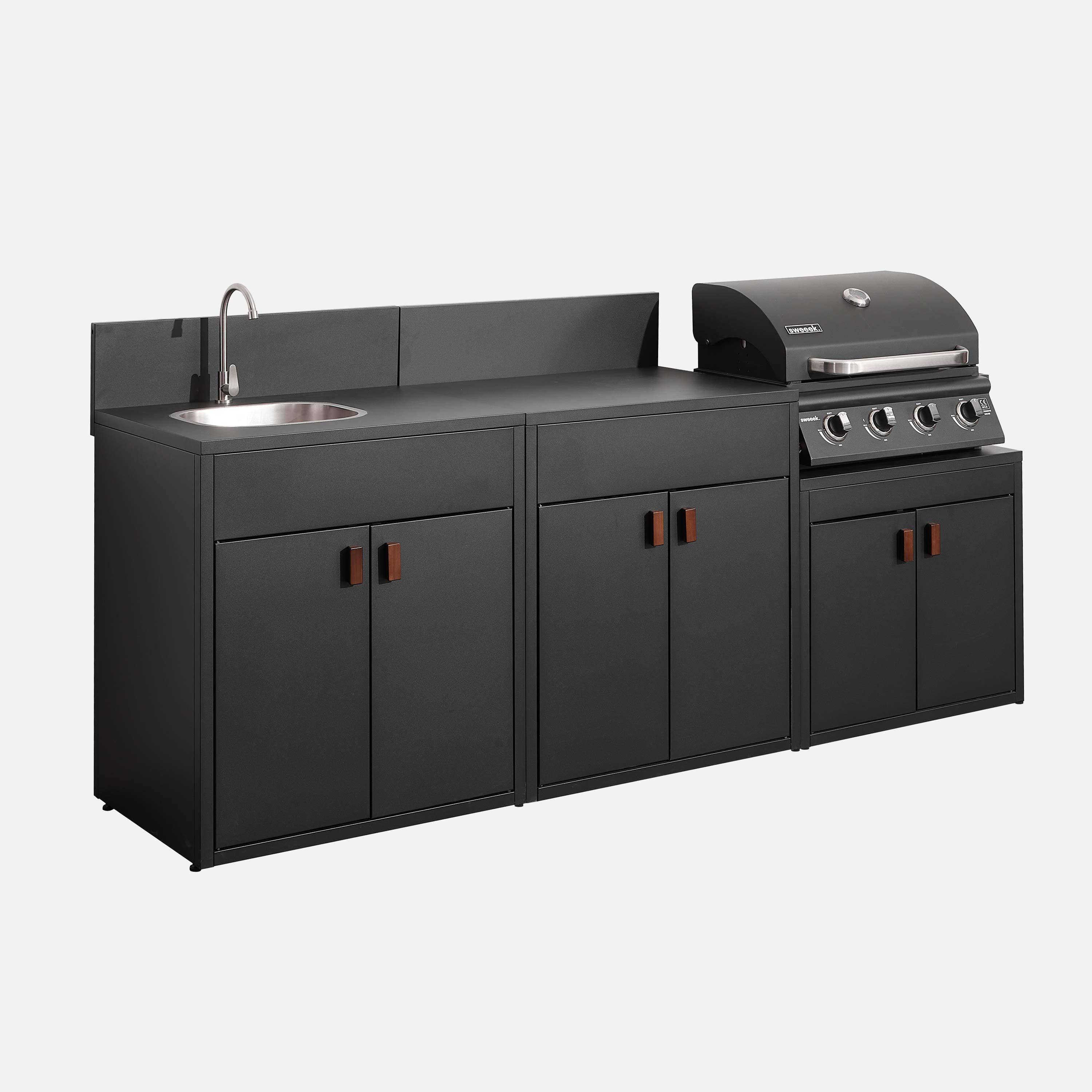 Buitenkeuken 3 modules van staal met gasbarbecue 4 branders zwart - Thira + Grimaud,sweeek,Photo2