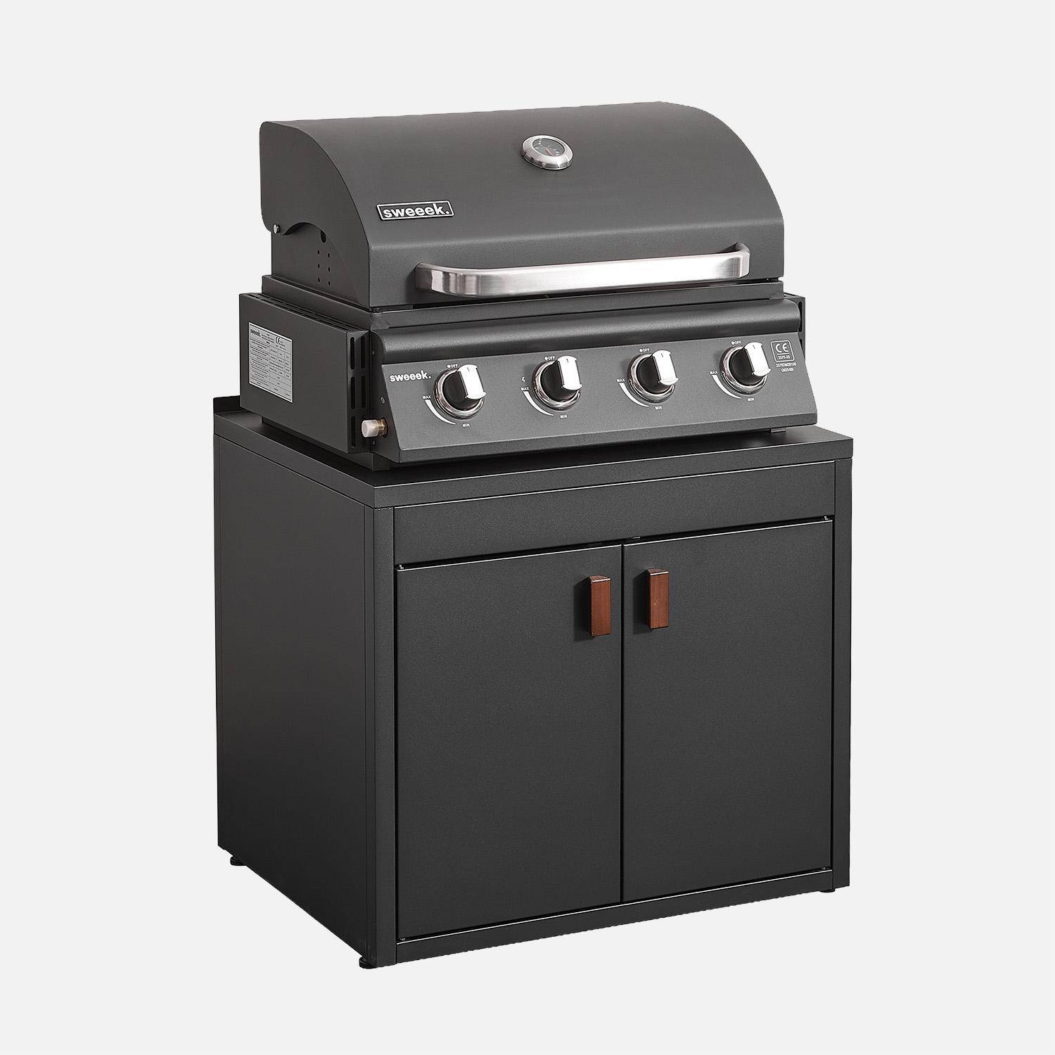 Buitenkeuken 3 modules staal met gasbarbecue 4 branders zwart - Thira + Grimaud,sweeek,Photo6