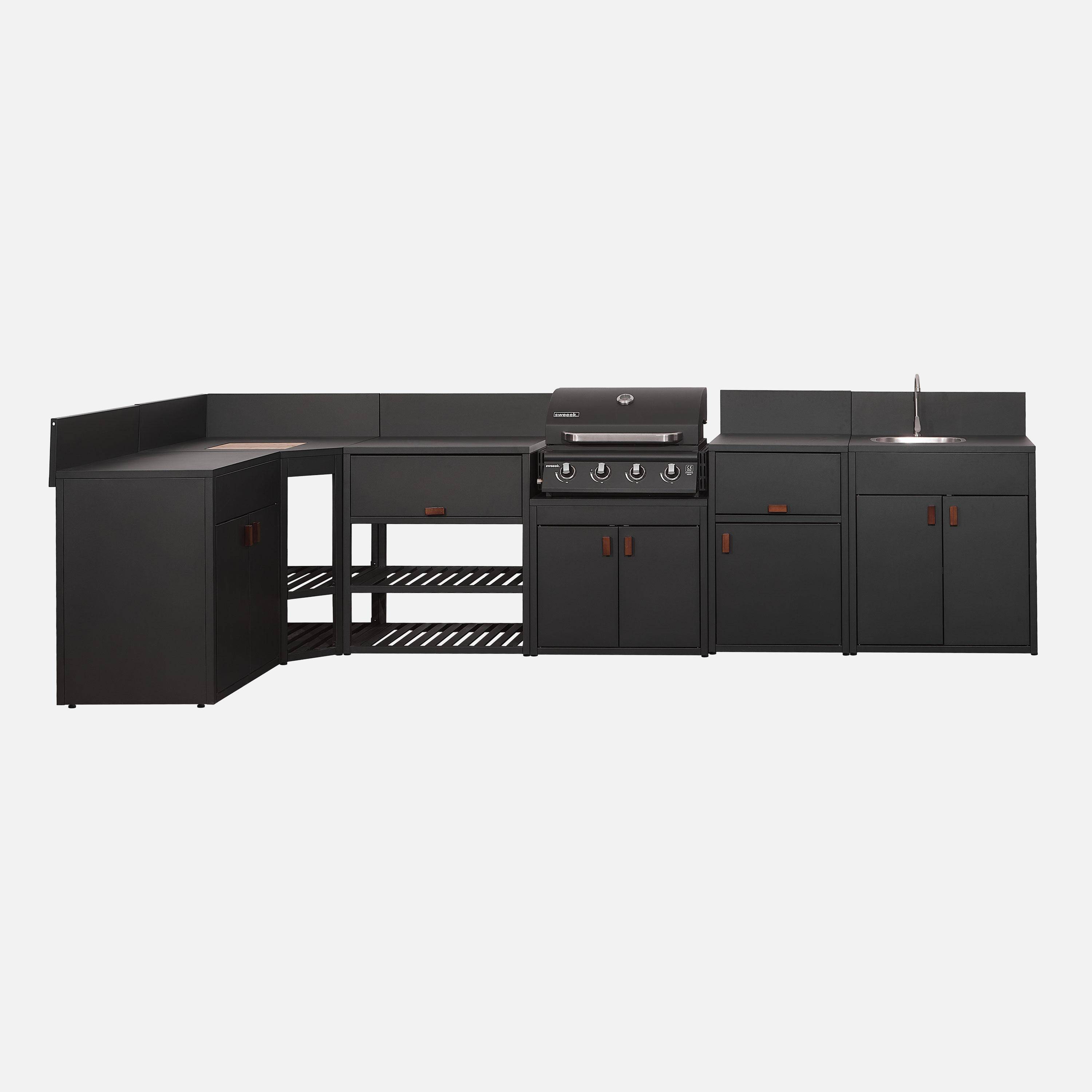 Buitenkeuken 6 modules van staal met gasbarbecue 4 branders zwart - Thira + Grimaud Photo1