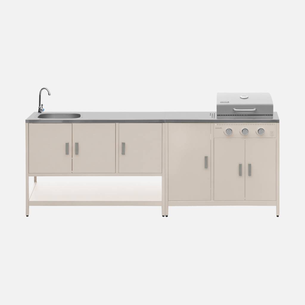 Cuisine d'extérieure 2 modules barbecue gaz 3 brûleurs inox beige