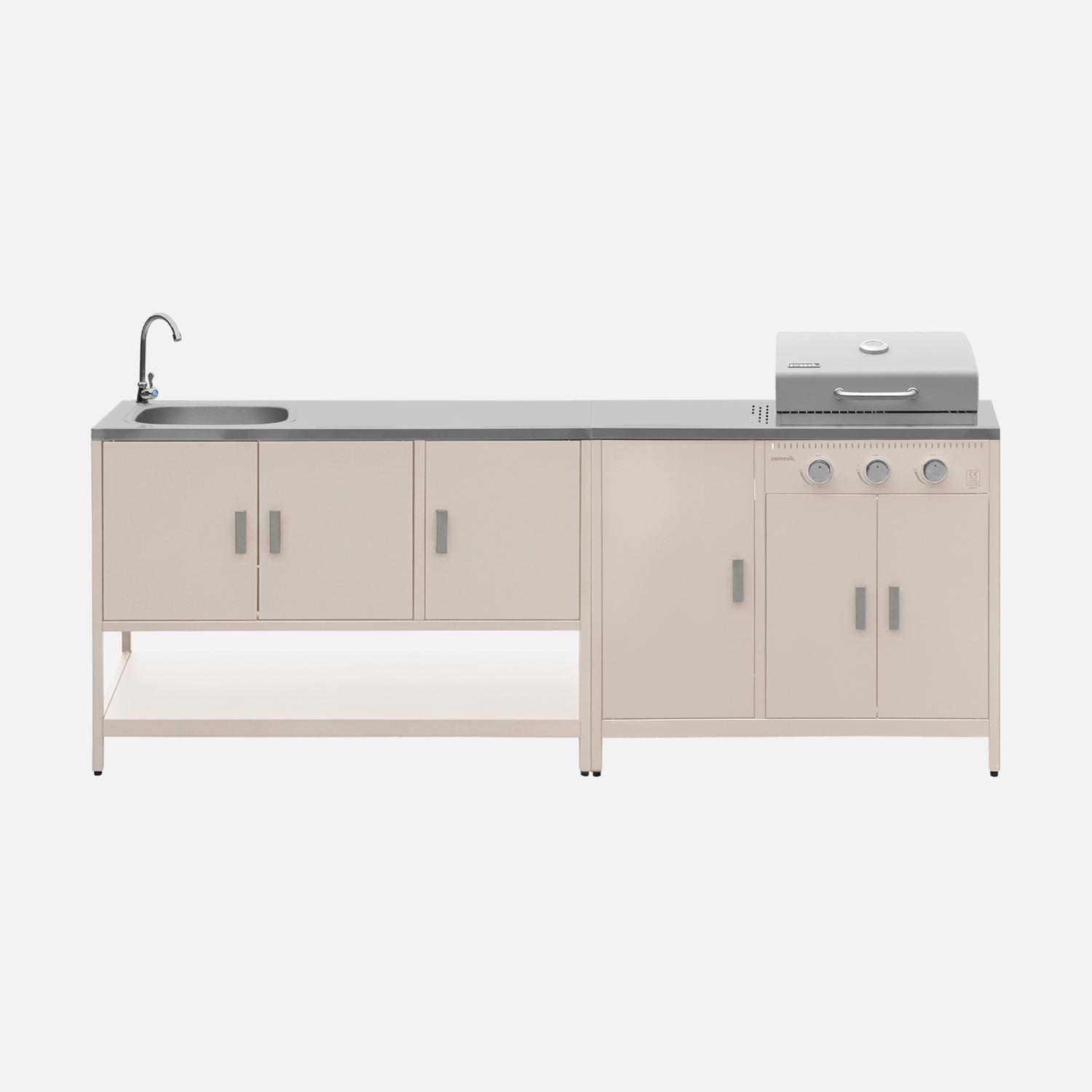 Cuisine extérieure Naxos 2 modules acier inoxydable beige barbecue gaz 3 brûleurs avec évier  Photo2