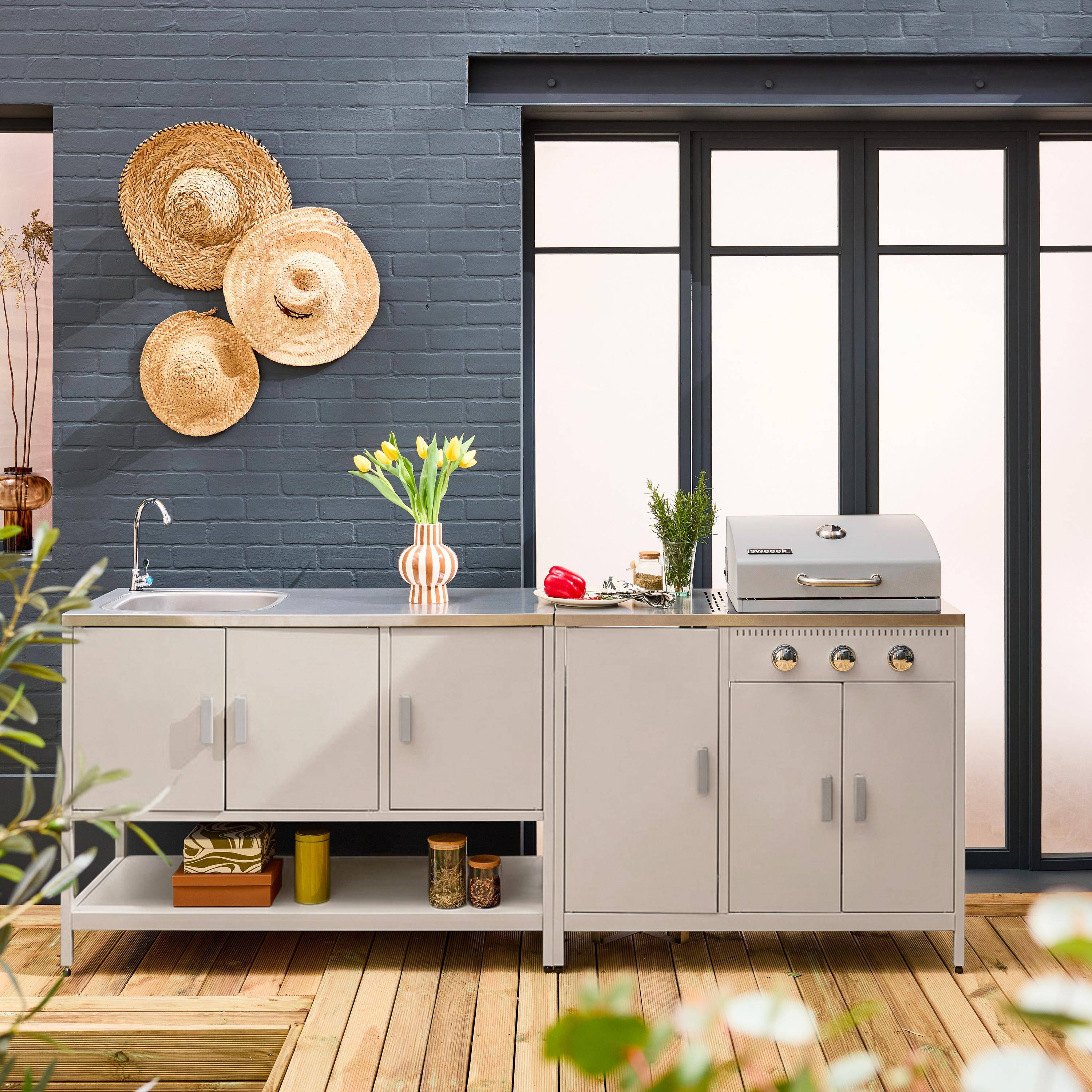 Cuisine extérieure Naxos 2 modules acier inoxydable beige barbecue gaz 3 brûleurs avec évier  Photo1