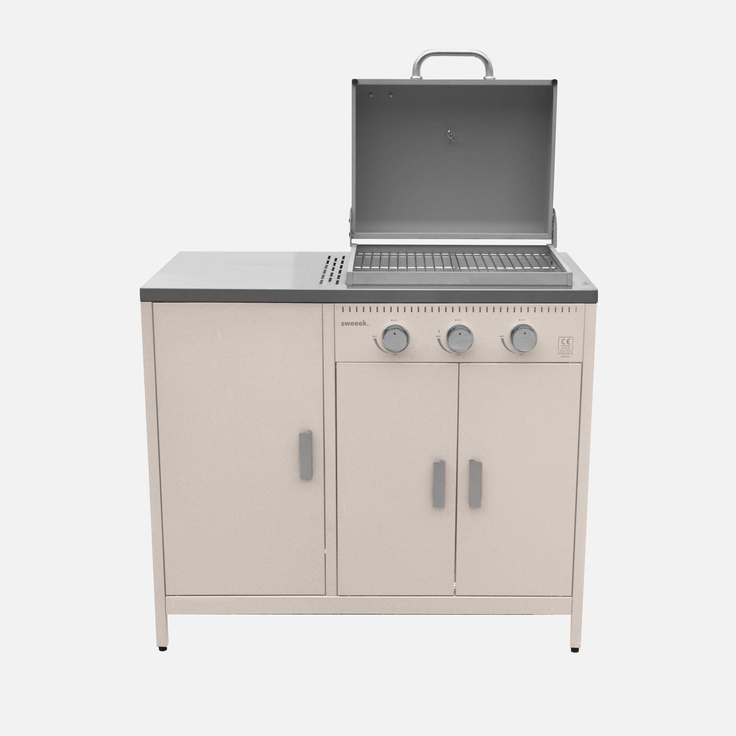 2 buitenkeukenmodules met gasbarbecue en gootsteen staal beige - Naxos,sweeek,Photo4