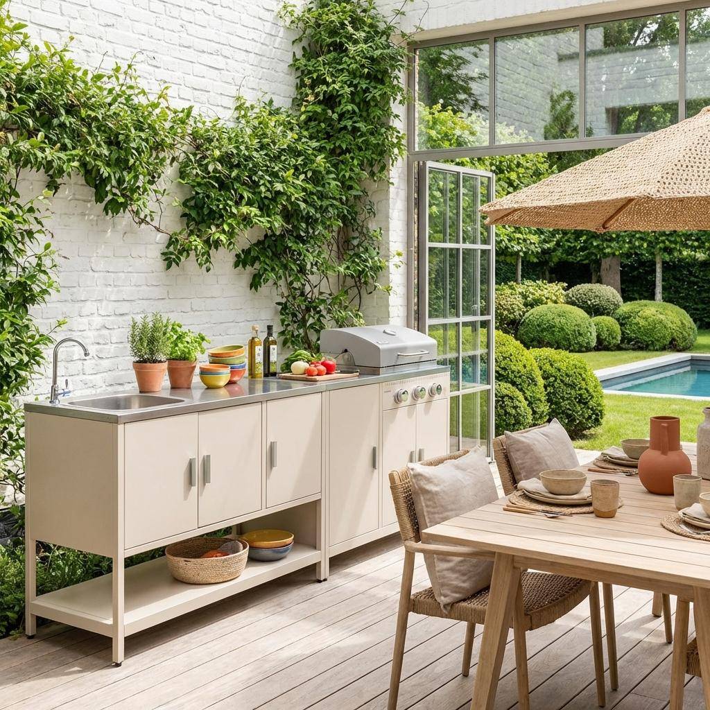 2 buitenkeukenmodules met gasbarbecue en gootsteen staal beige - Naxos Photo1