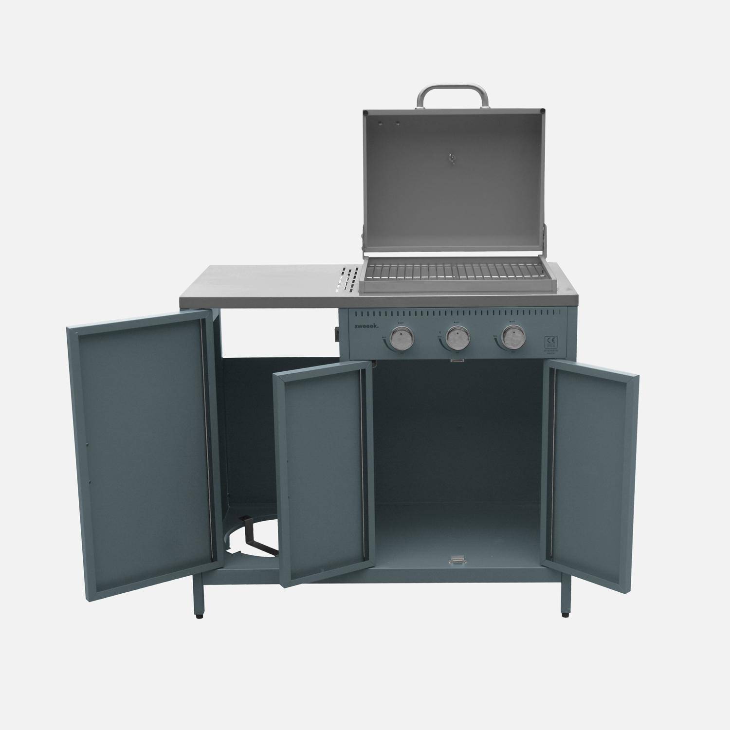Cuisine extérieure Naxos 2 modules acier inoxydable bleu gris barbecue gaz 3 brûleurs avec évier  Photo5