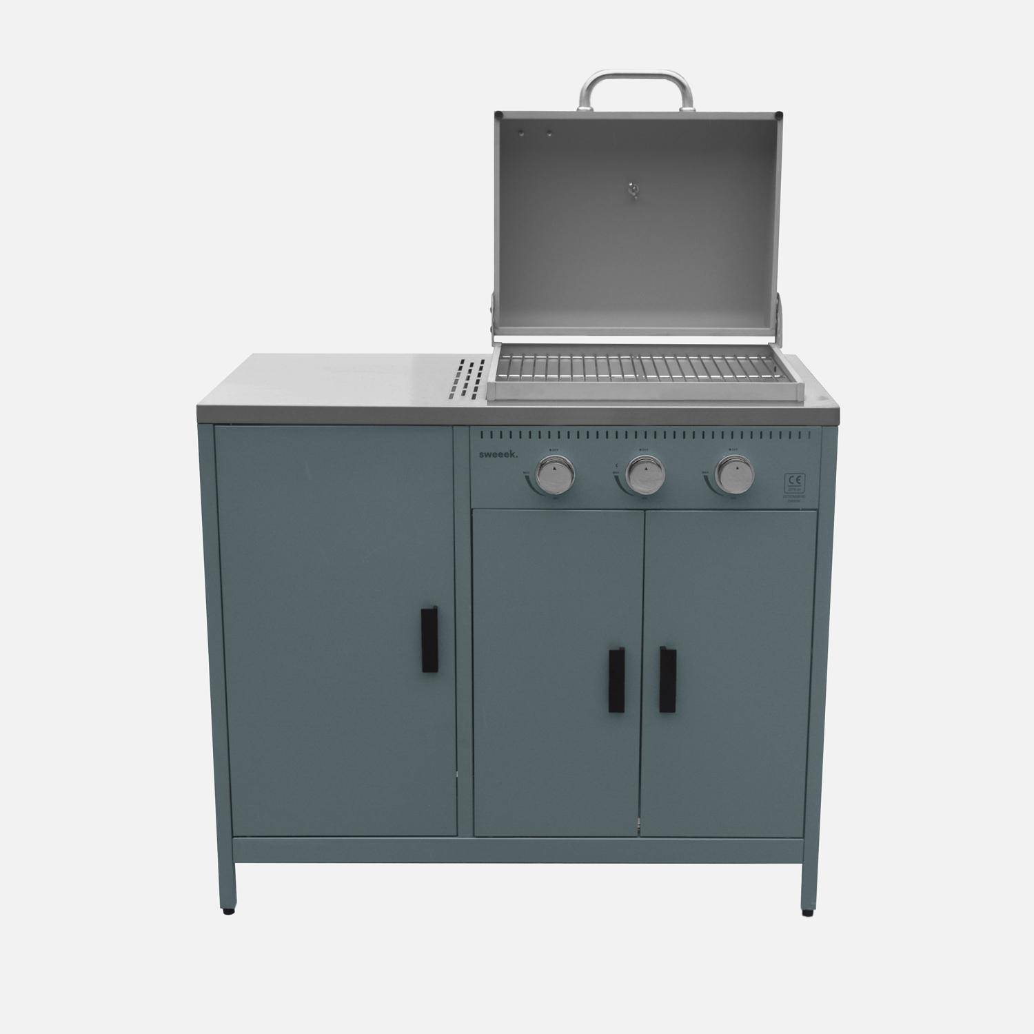 Cuisine extérieure Naxos 2 modules acier inoxydable bleu gris barbecue gaz 3 brûleurs avec évier ,sweeek,Photo5
