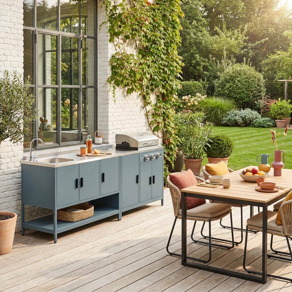 Cuisine extérieure Naxos 2 modules acier inoxydable bleu gris barbecue gaz 3 brûleurs avec évier  Photo1