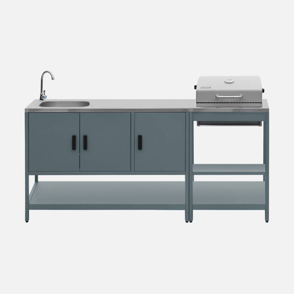 Cuisine d'extérieure 2 modules avec barbecue charbon inox bleu gris