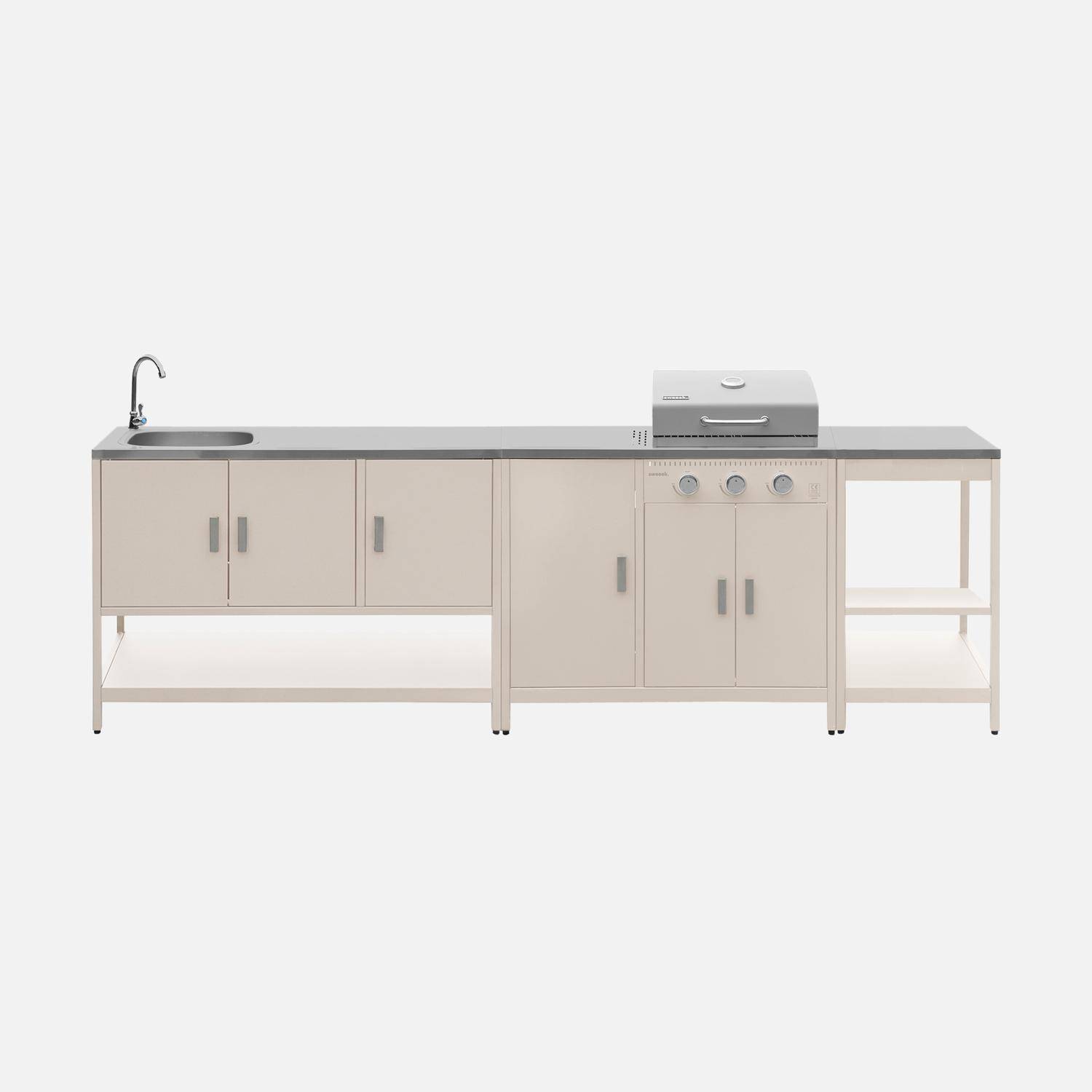 Cuisine extérieure Naxos 3 modules acier inoxydable beige avec barbecue gaz 3 brûleurs,sweeek,Photo1