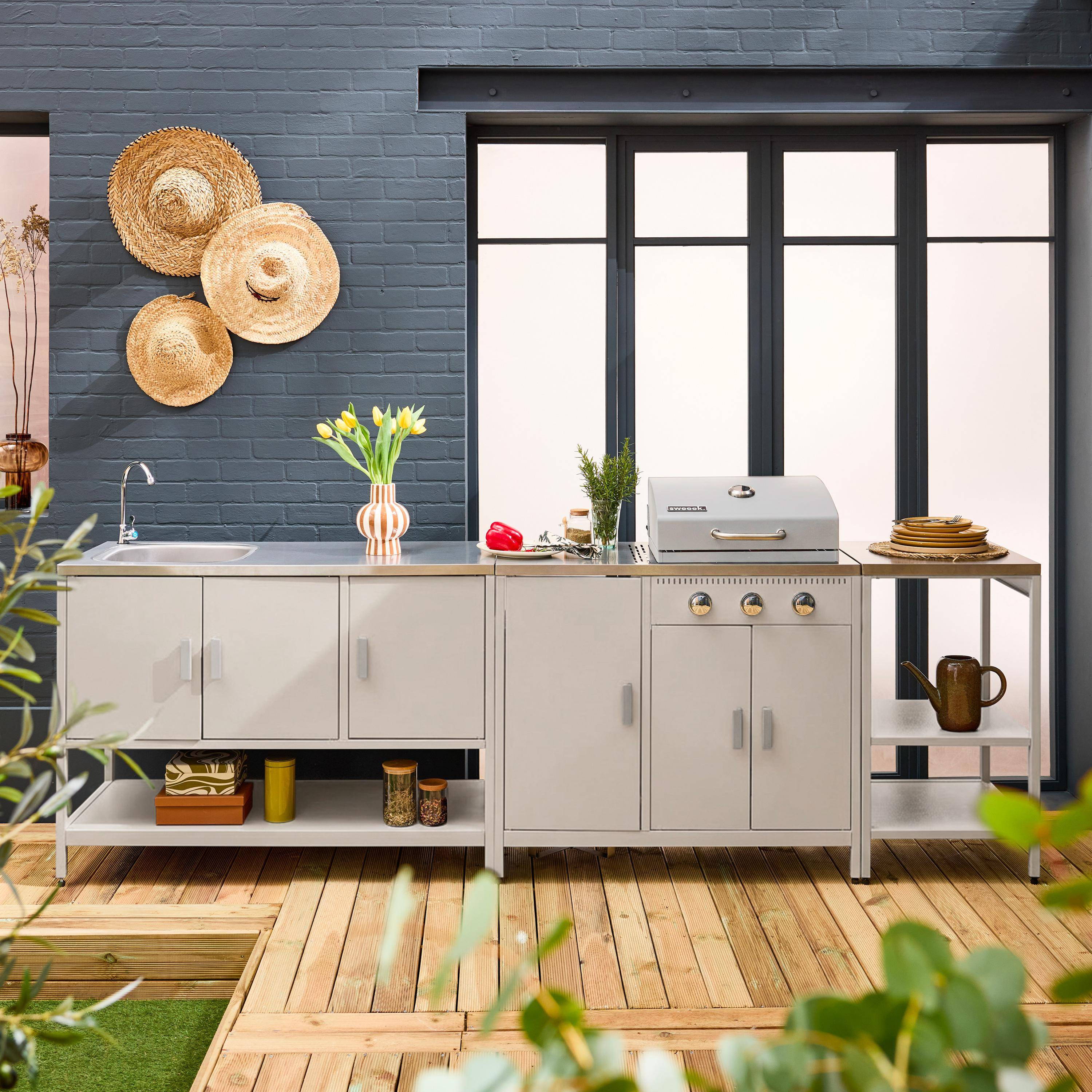 Cuisine extérieure Naxos 3 modules acier inoxydable beige avec barbecue gaz 3 brûleurs Photo2