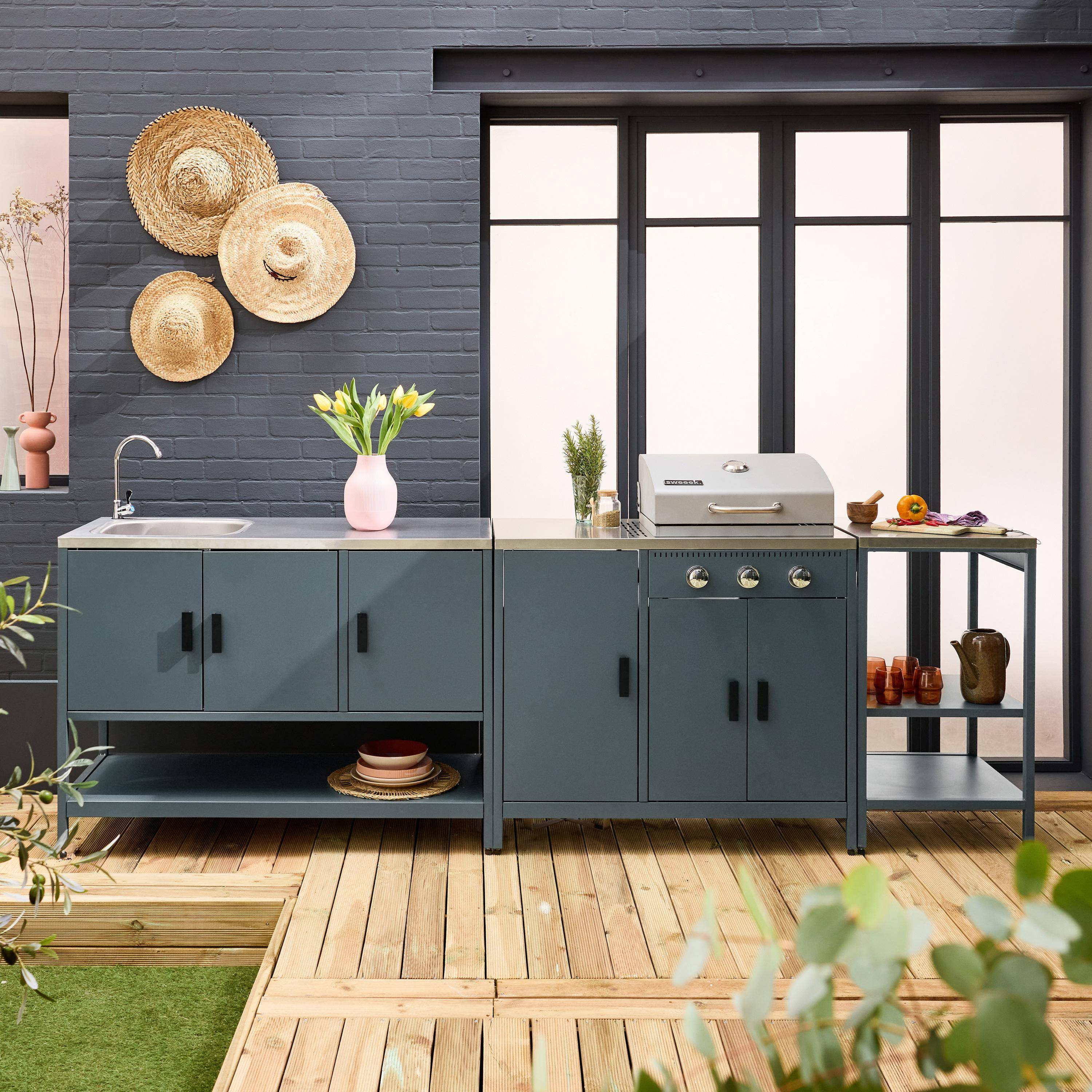 Cuisine extérieure Naxos 3 modules acier inoxydable bleu gris avec barbecue gaz 3 brûleurs Photo1