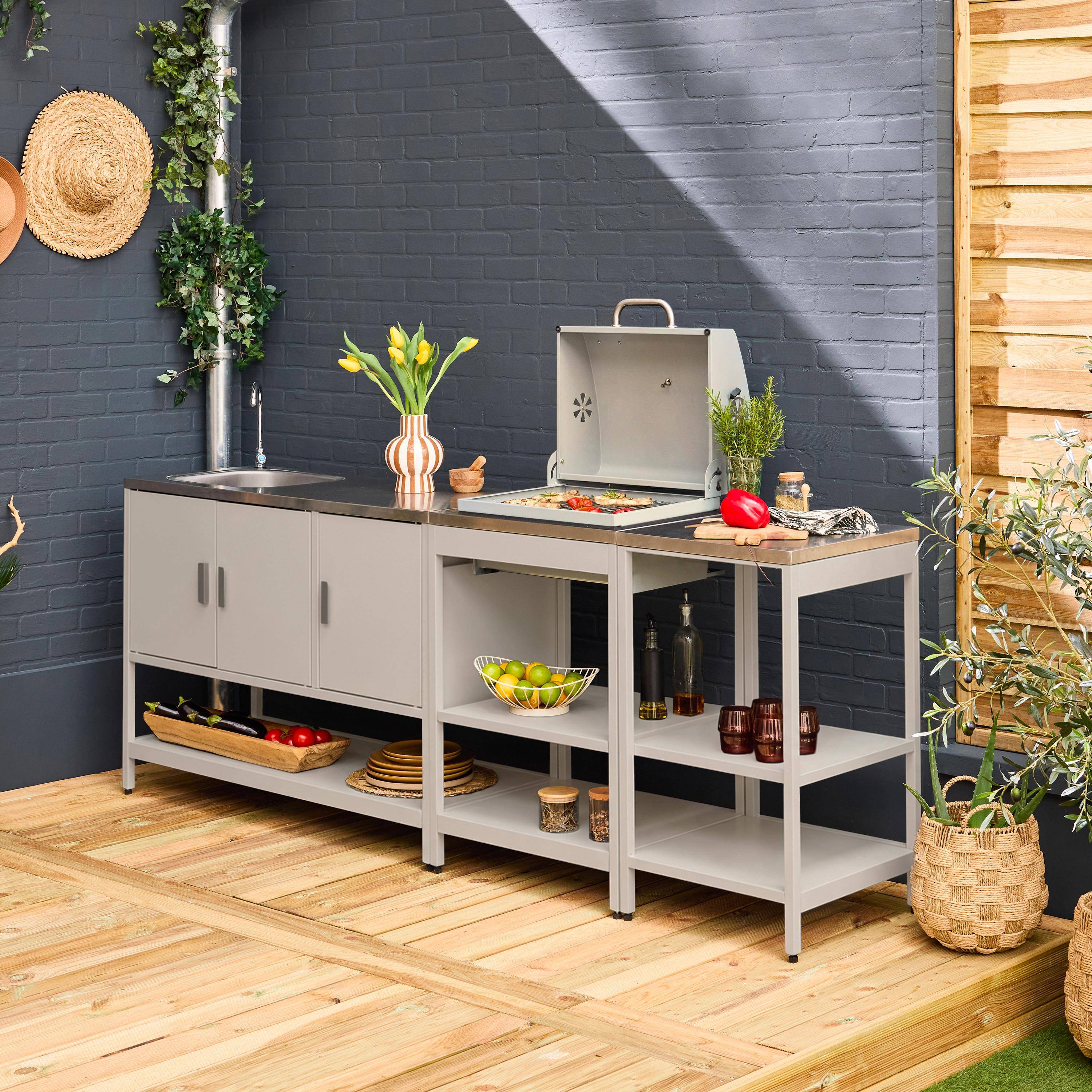 Cuisine extérieure 3 modules acier inoxydable avec barbecue charbon beige Naxos ,sweeek,Photo1