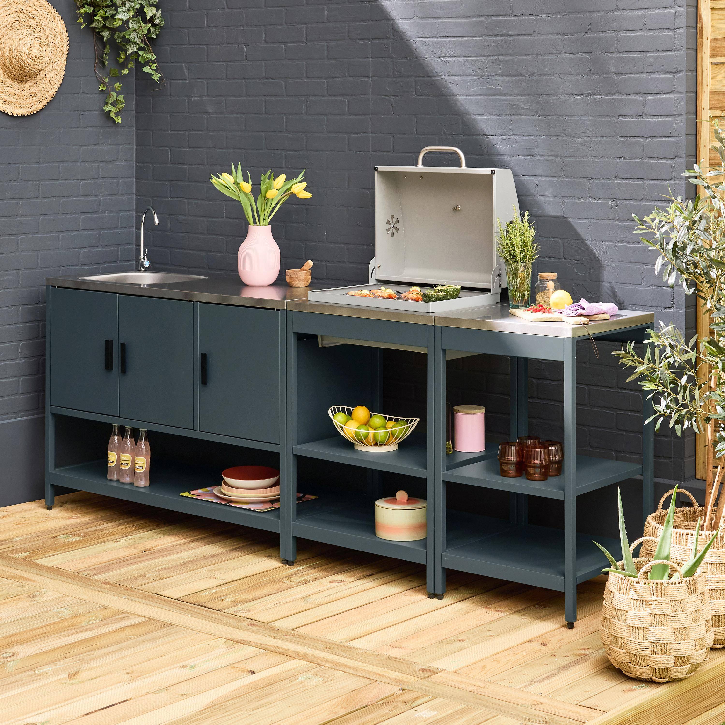Cuisine extérieure 3 modules acier inoxydable avec barbecue charbon bleu gris Naxos  Photo1
