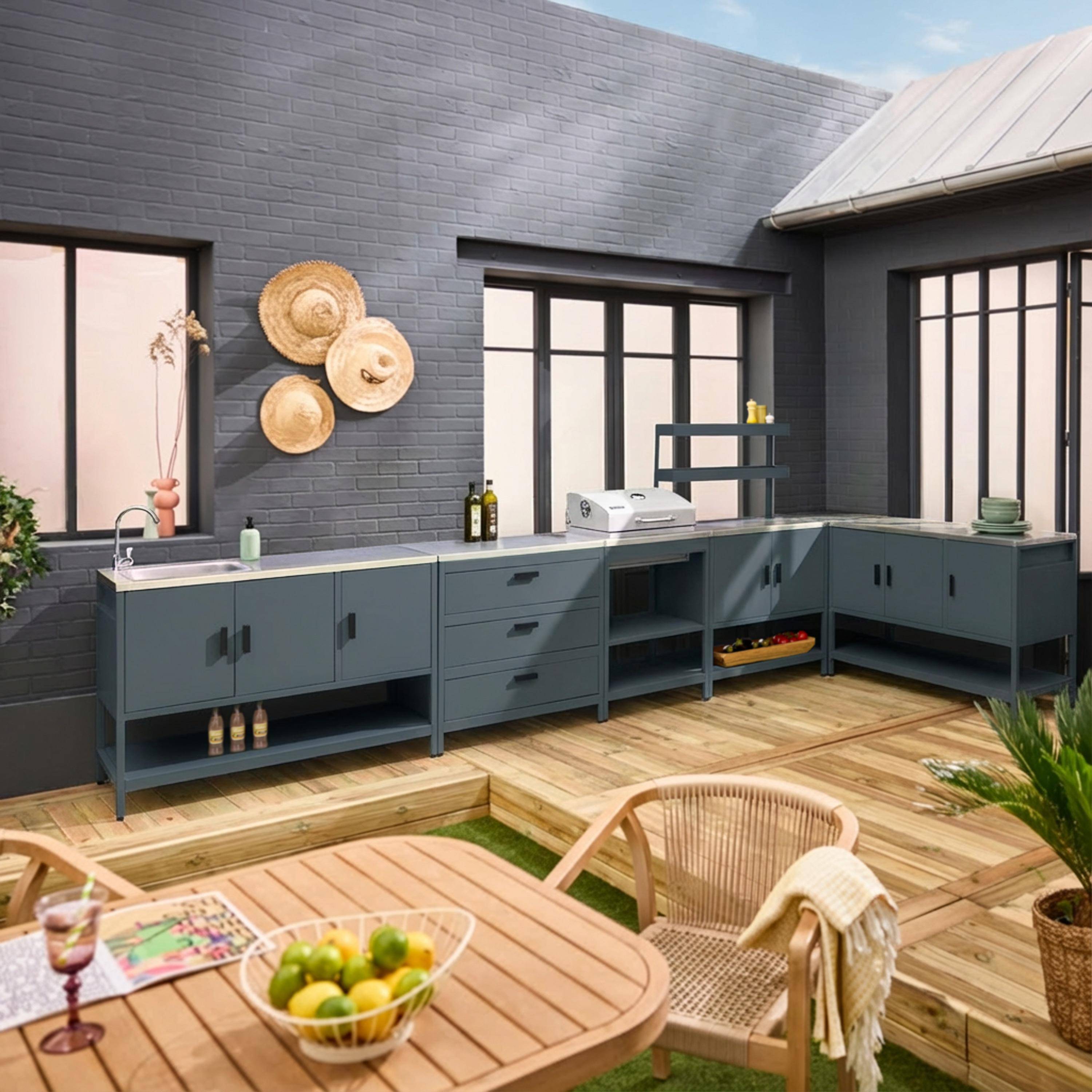 Cuisine extérieure Naxos 5 modules avec barbecue au charbon acier inoxydable bleu gris Photo1