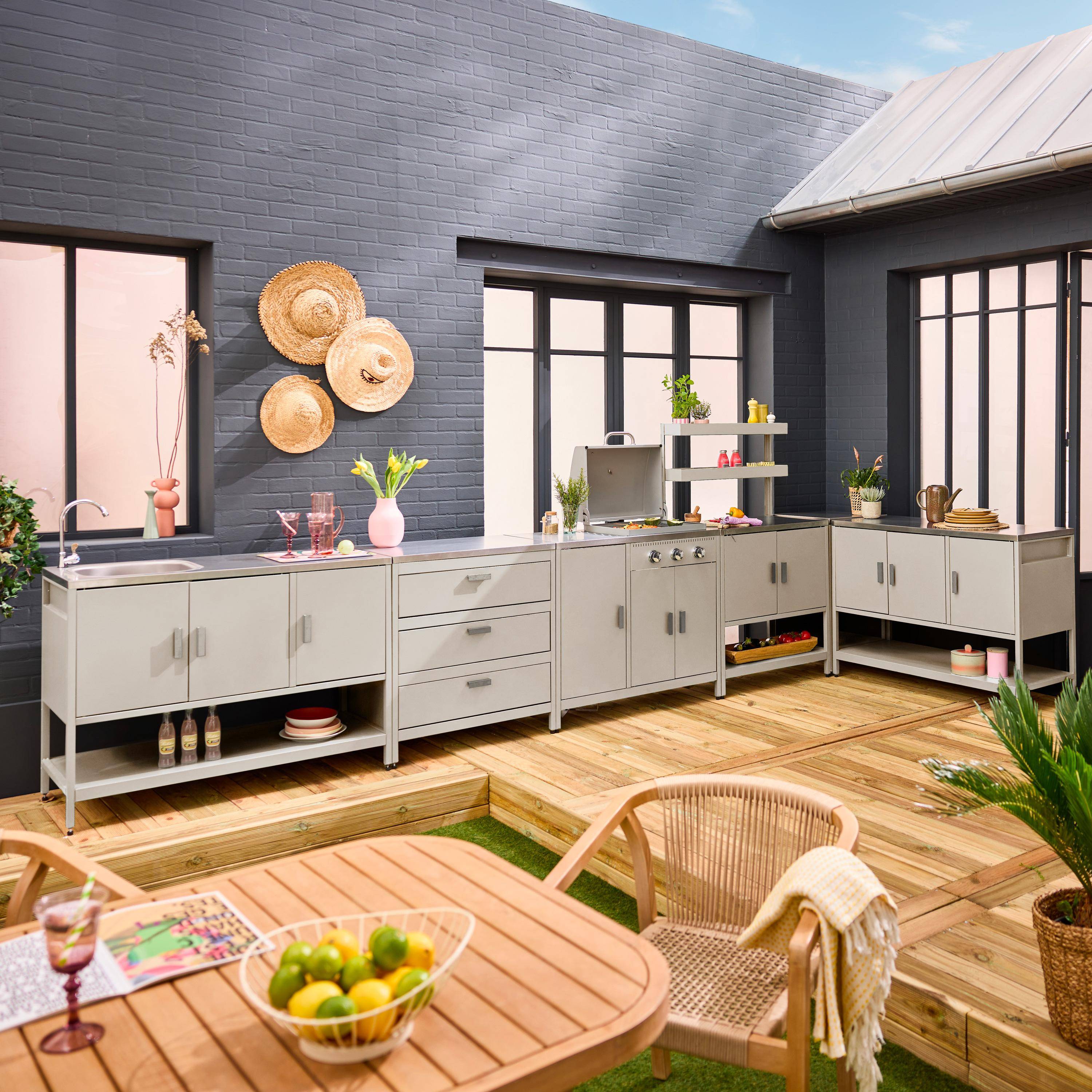 Cuisine extérieure 6 modules avec barbecue en acier inoxydable beige Photo1