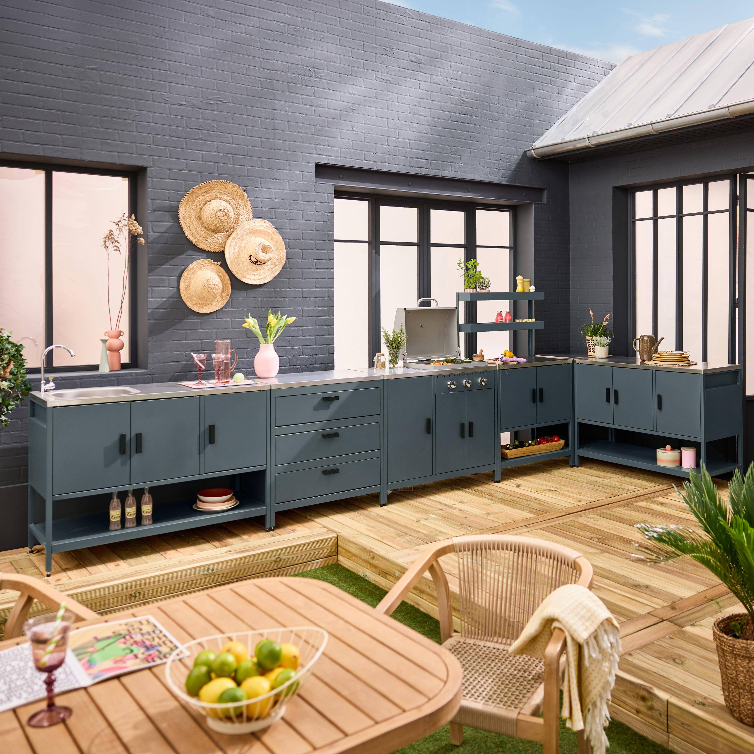 Cuisine extérieure 6 modules avec barbecue en acier inoxydable bleu gris Photo2