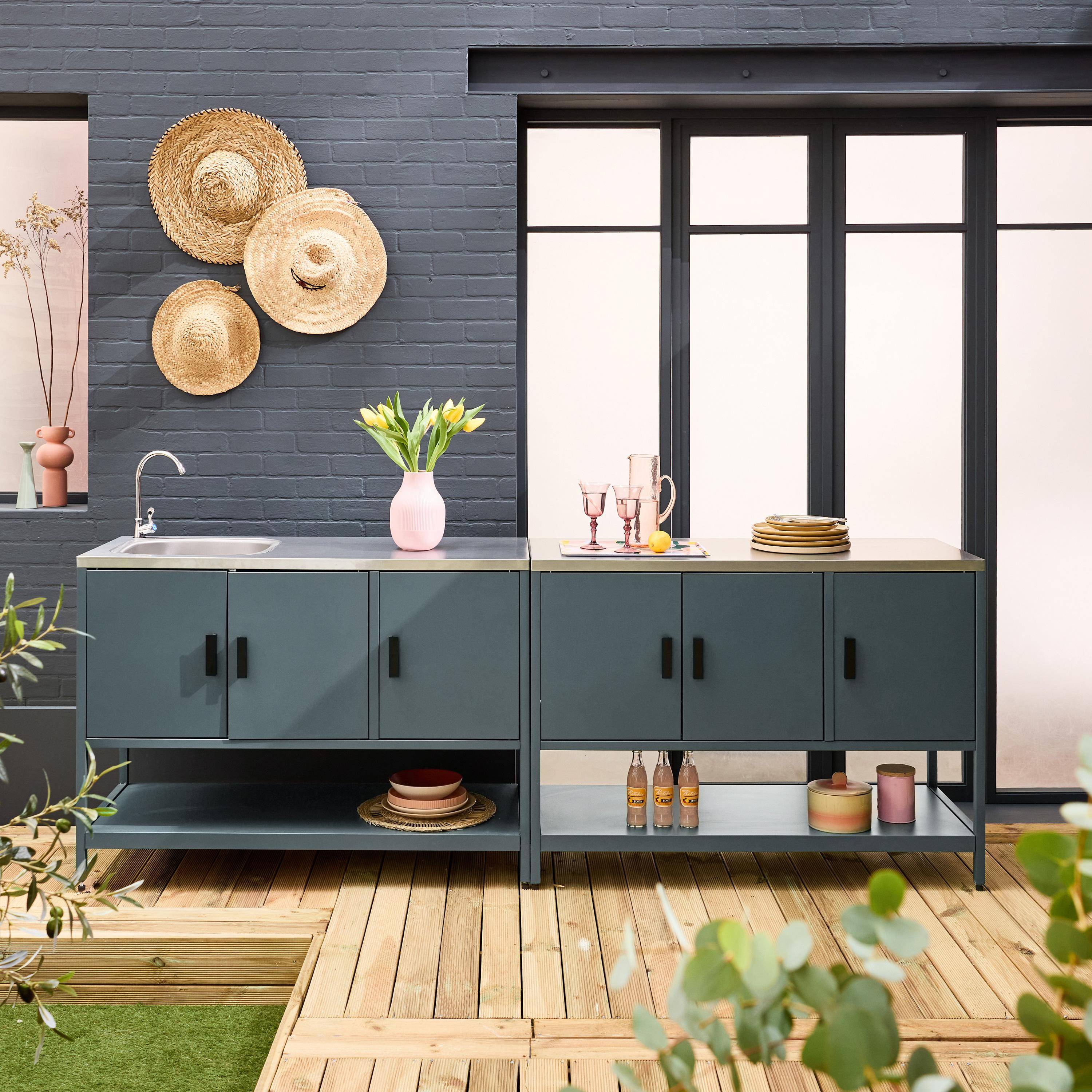 Cuisine extérieure 2 modules en acier inoxydable bleu gris Photo1