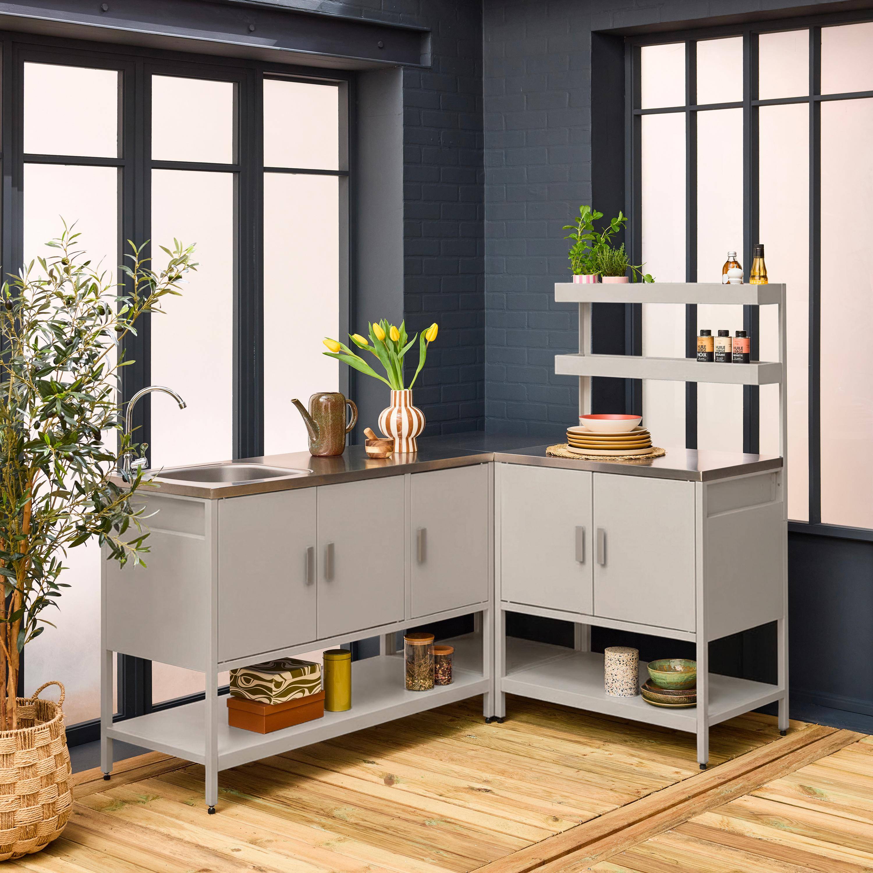 Cuisine extérieure 3 modules en acier inoxydable beige,sweeek,Photo1