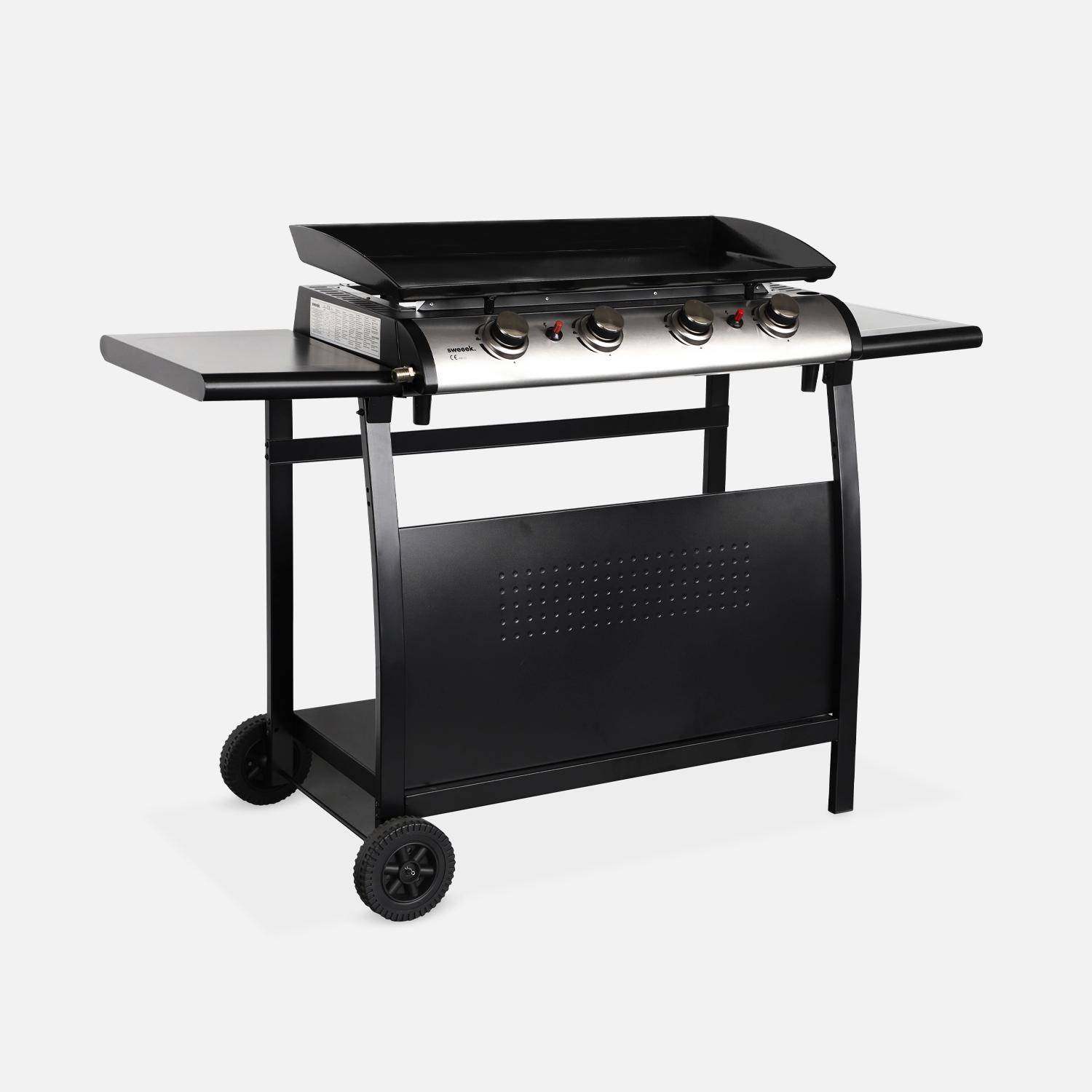 Plancha au gaz 4 brûleurs sur chariot - Porthos - 10kW, plancha à gaz avec desserte et ustensiles Photo2